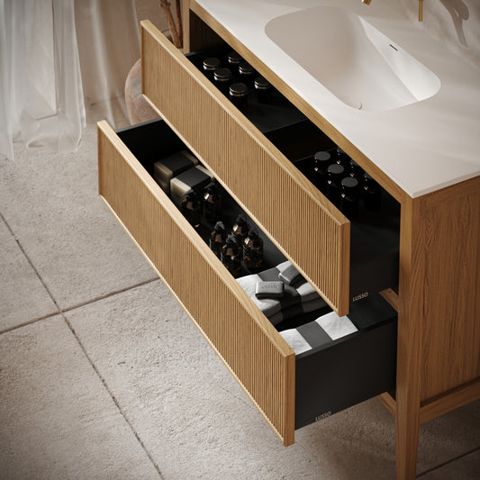 Hampton Natural Oak Floorstanding Vanity Unit with Matte White Basin 1200mm