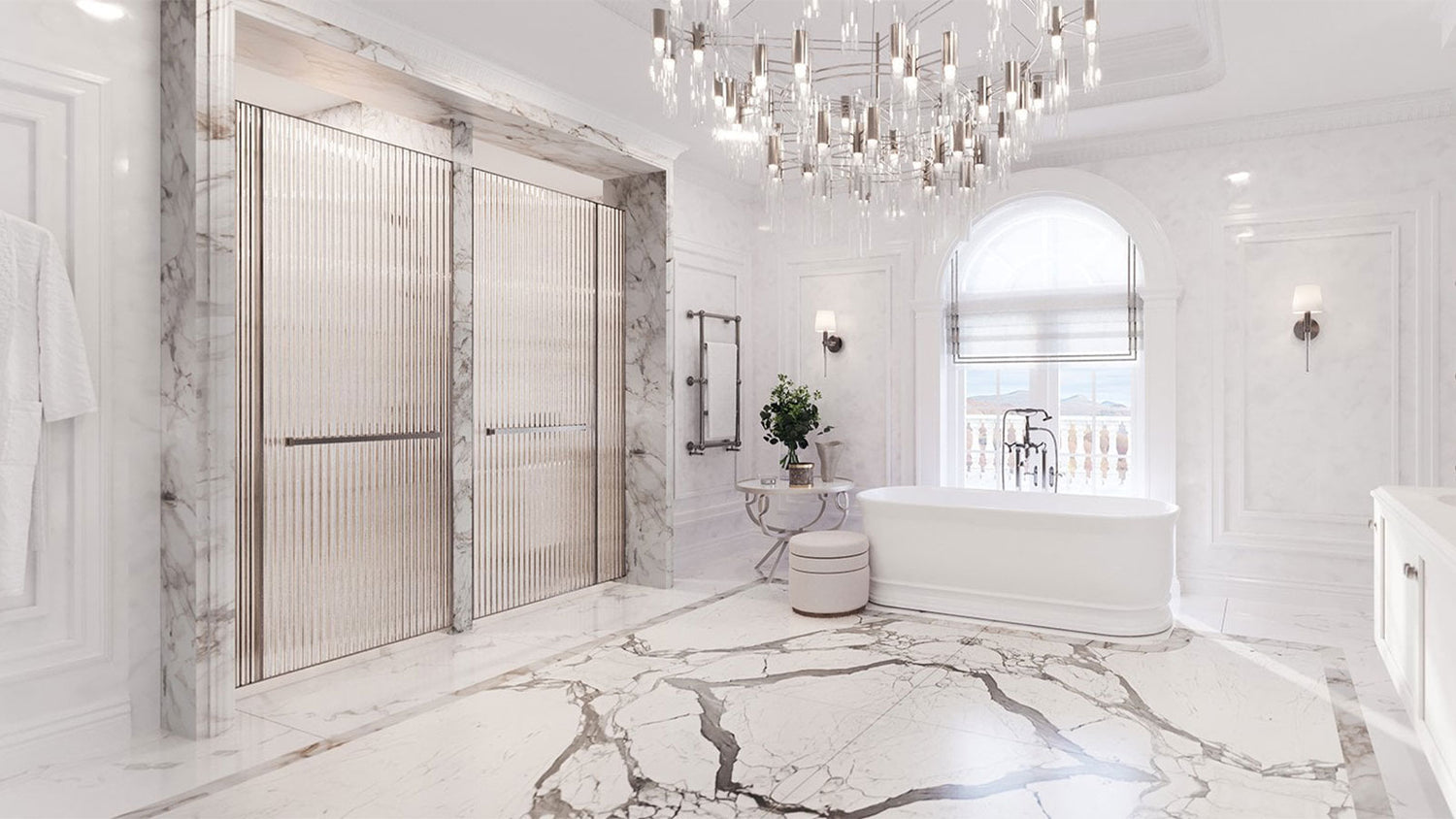 Luxurious bathroom with marble floor, bathtub, and modern decor