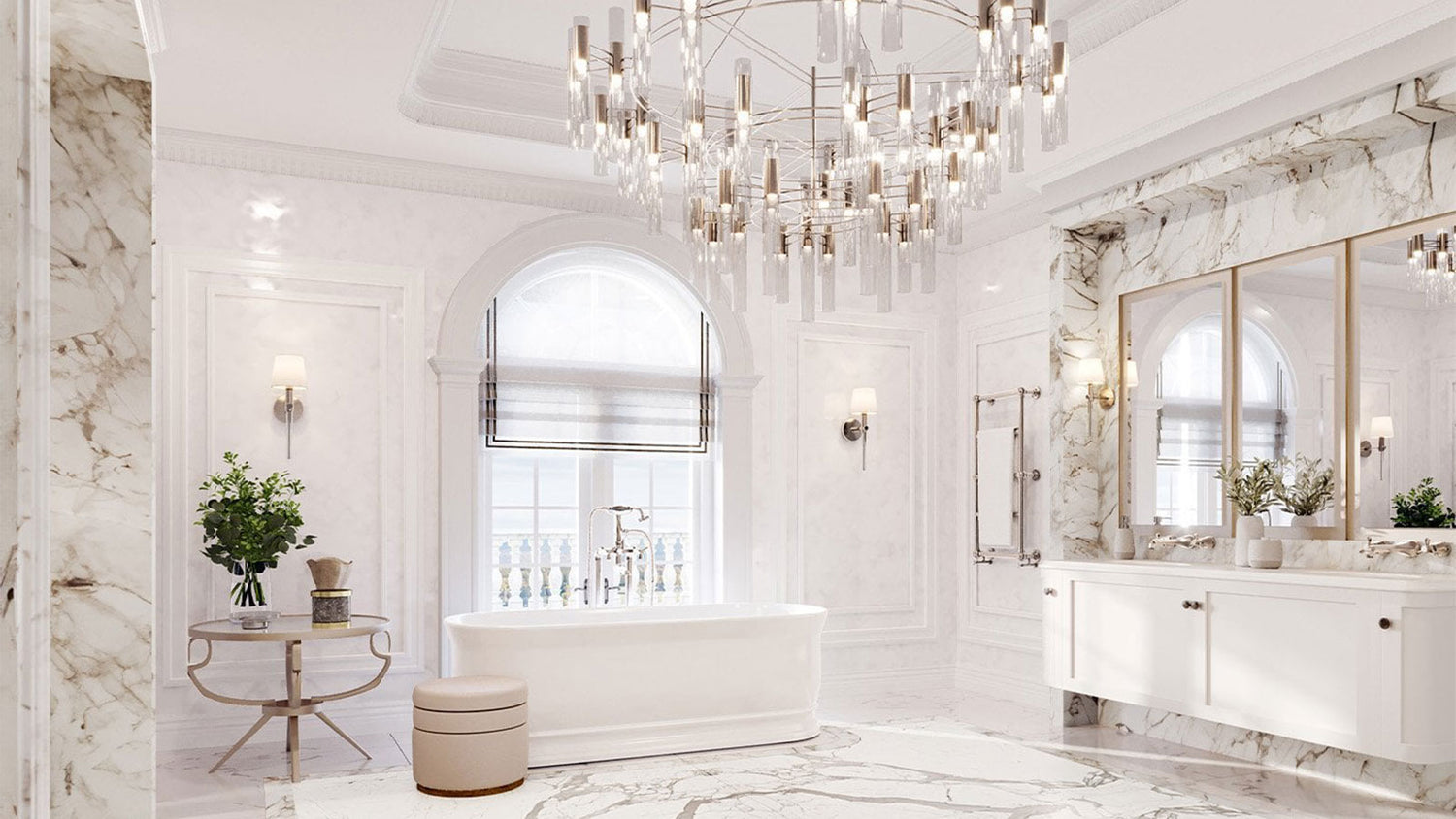 Luxurious bathroom with marble walls, a large bathtub, and modern fixtures.