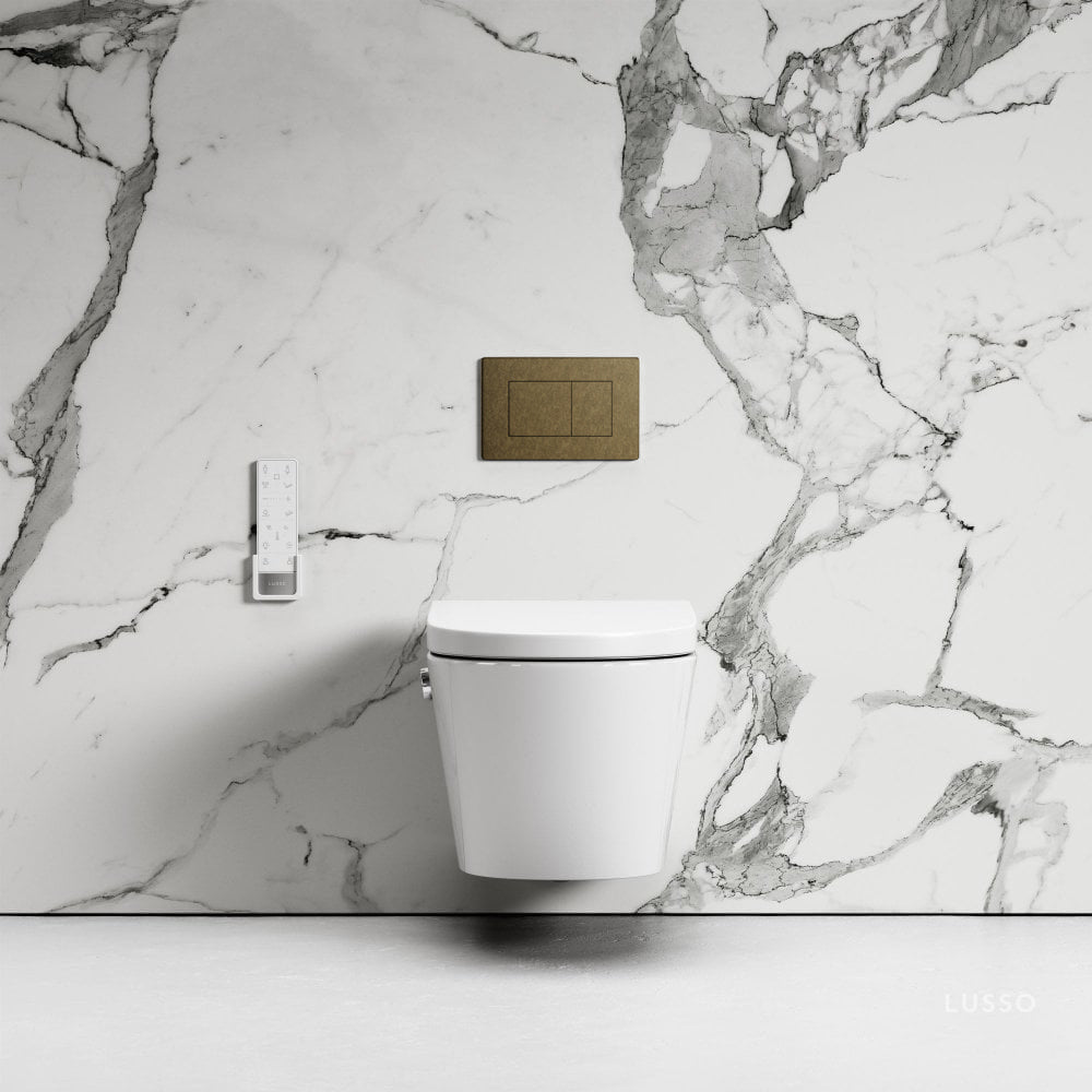 Intellismart Wall Hung Rimless Bidet Toilet with Concealed Cistern Frame and Aged Bronze Flush Plate