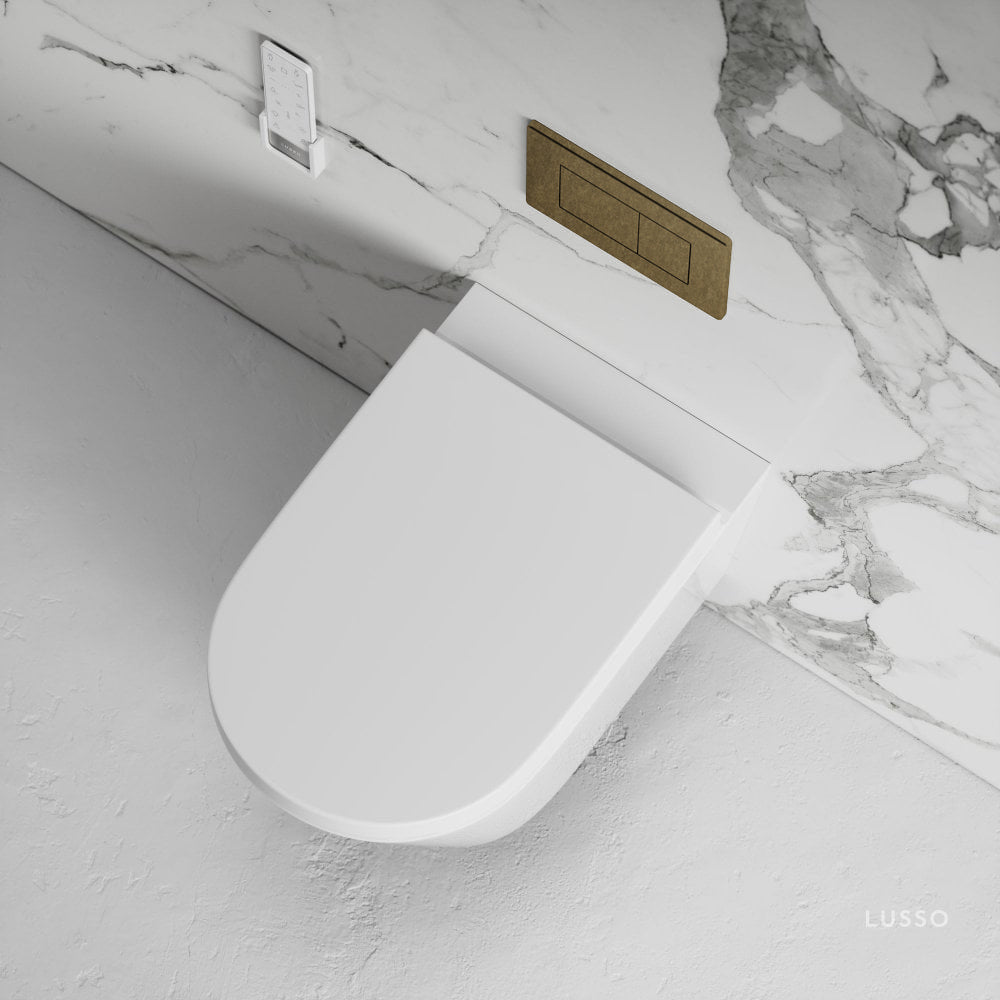 Intellismart Wall Hung Rimless Bidet Toilet with Concealed Cistern Frame and Aged Bronze Flush Plate