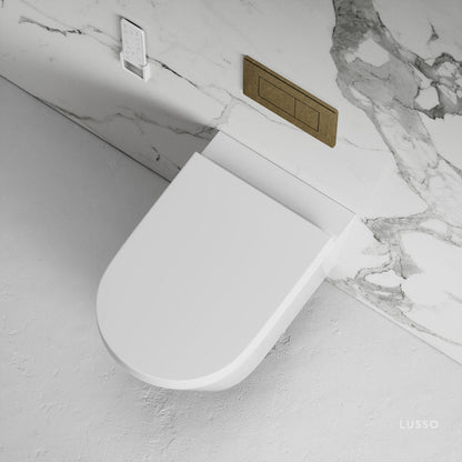 Intellismart Wall Hung Rimless Bidet Toilet with Concealed Cistern Frame and Aged Bronze Flush Plate