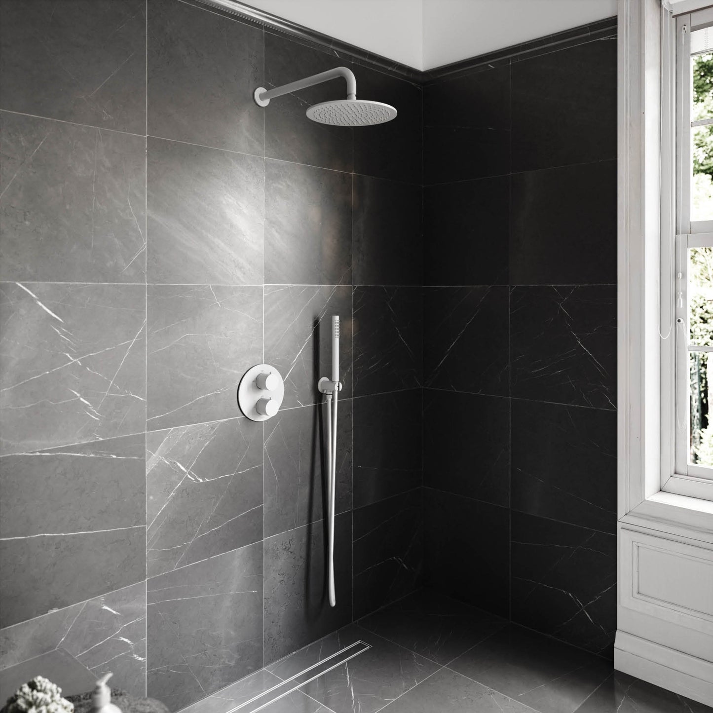Luxe Silk Matte White Thermostatic Shower with Handheld Shower