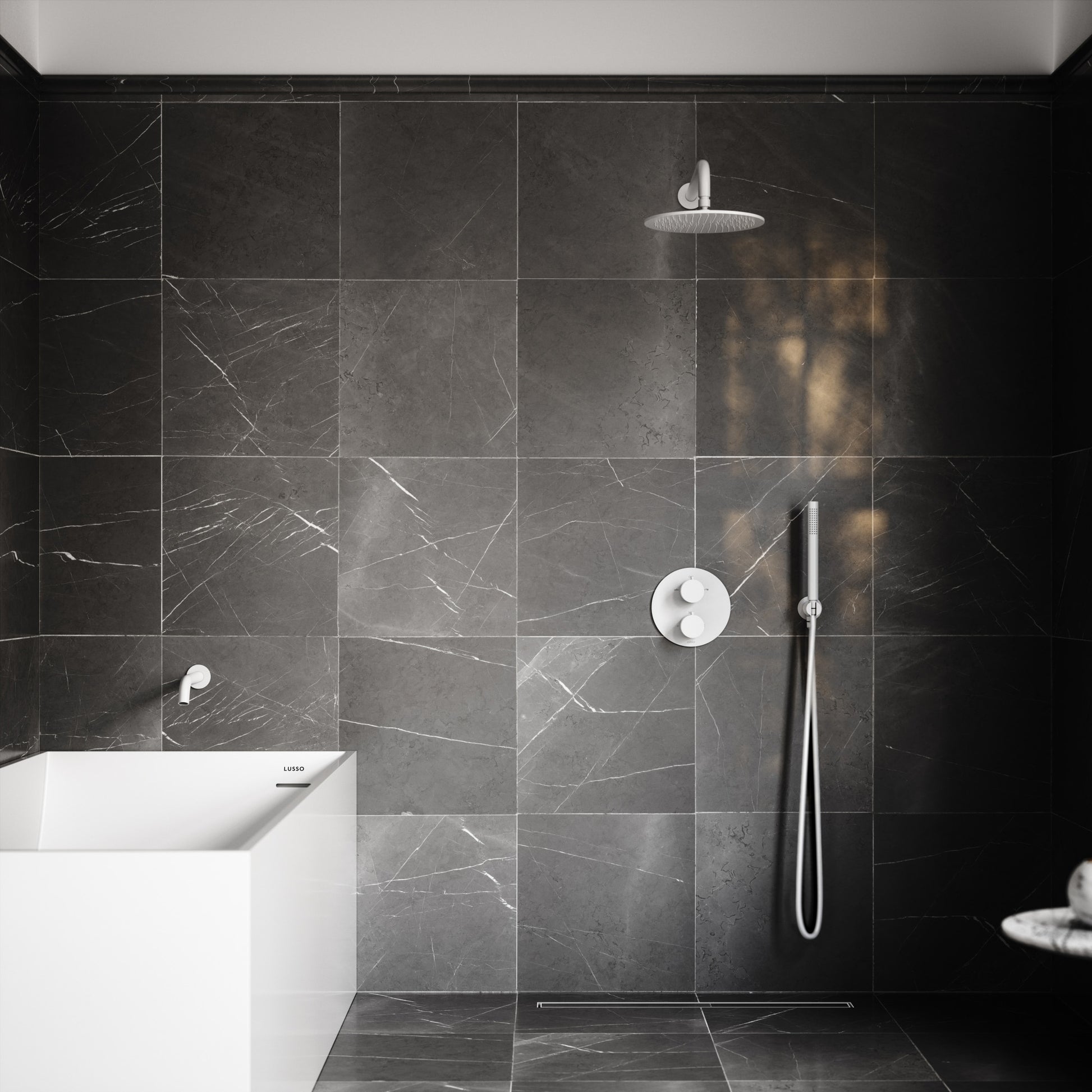 Luxe Silk Matte White 3 Way Thermostatic Shower with Handheld Shower & Bath Spout