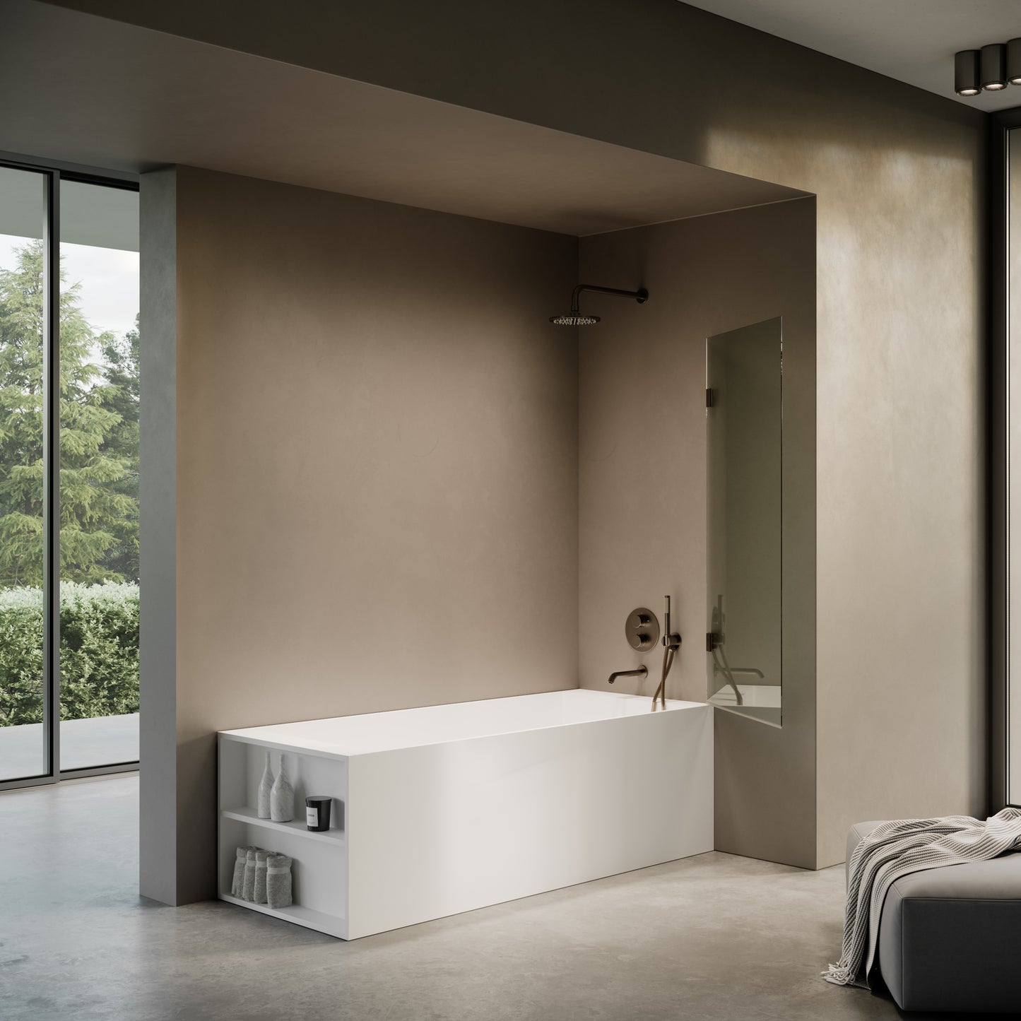 Cabina Brushed Bronze Frameless Hinged Bath Shower Screen 800mm