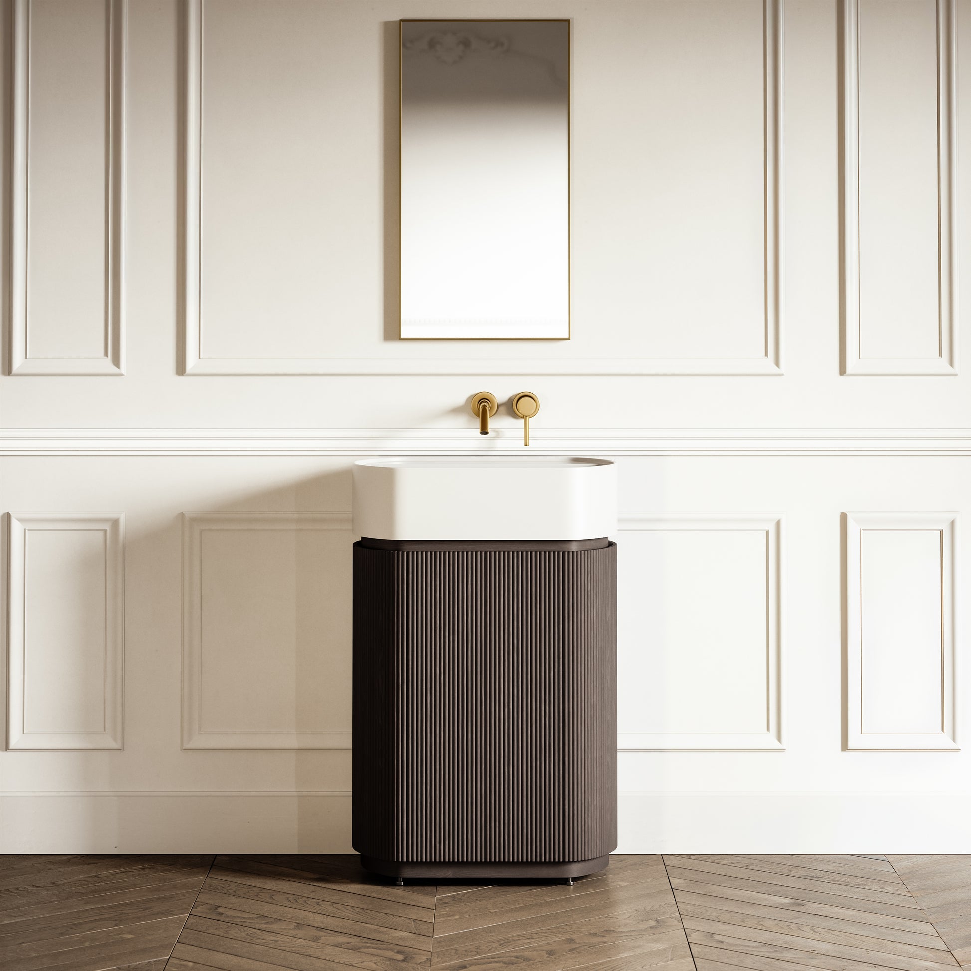 Chic Grey Oak Wood Grain Cylinder Vanity Unit 600mm