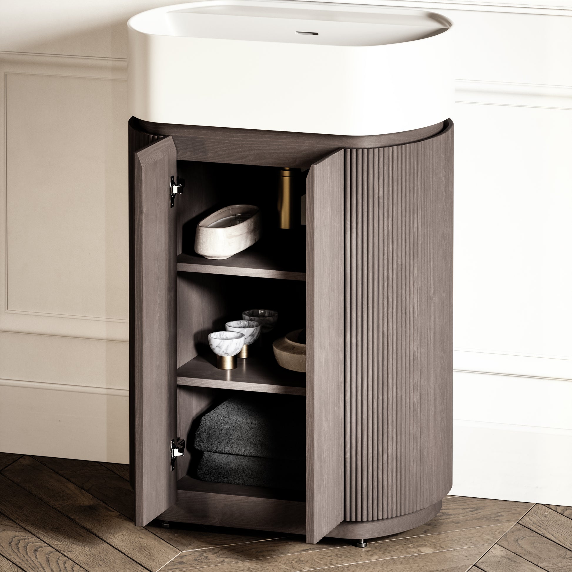 Chic Grey Oak Wood Grain Cylinder Vanity Unit 600mm