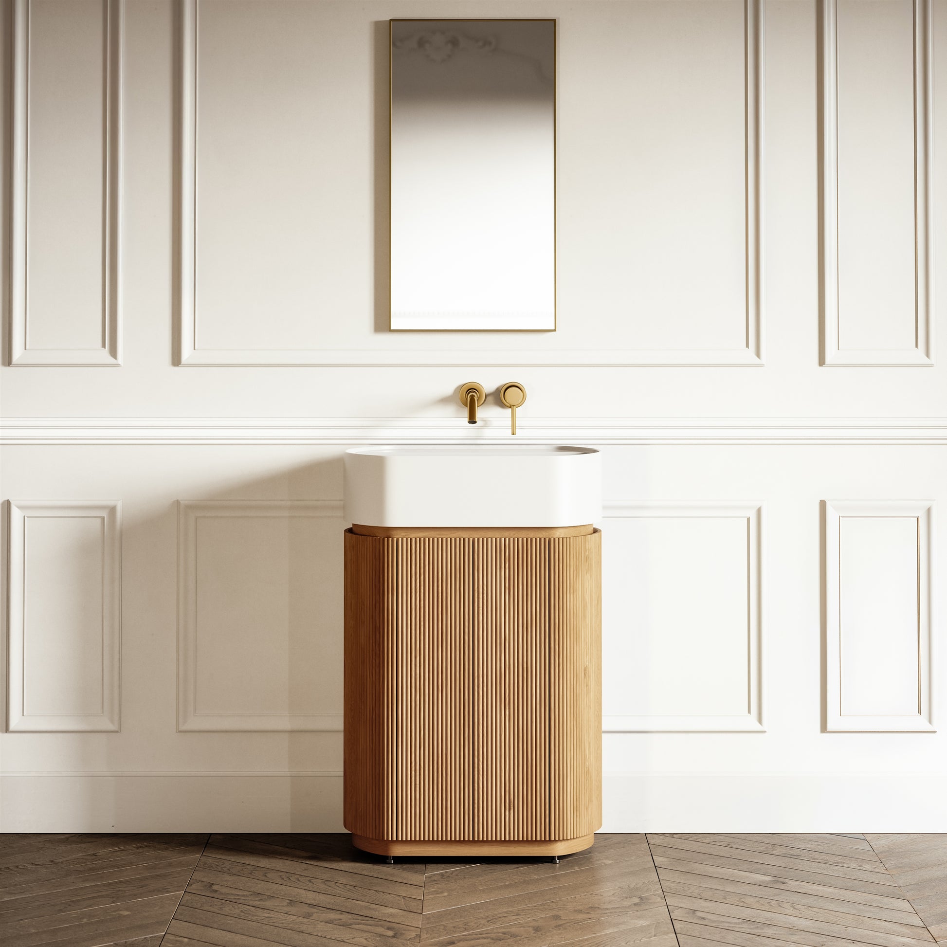 Chic Natural Oak Wood Grain Cylinder Vanity Unit 600mm