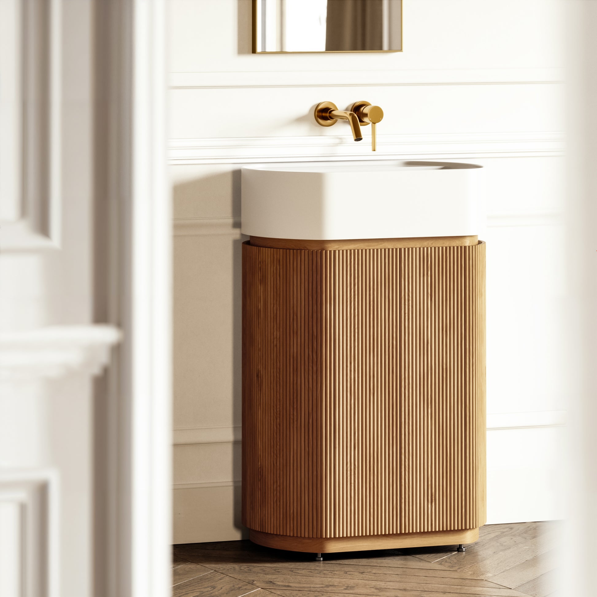 Chic Natural Oak Wood Grain Cylinder Vanity Unit 600mm
