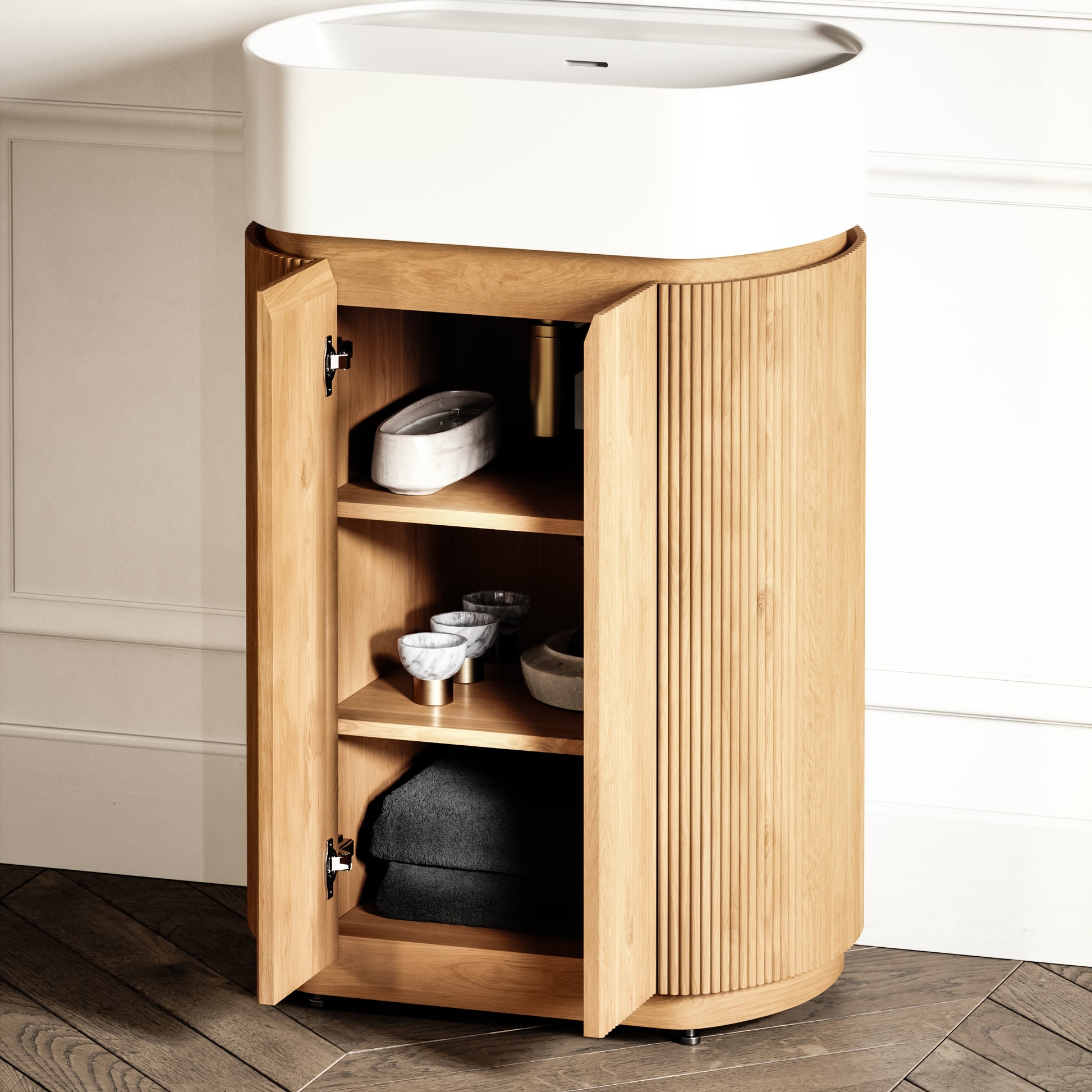 Chic Natural Oak Wood Grain Cylinder Vanity Unit 600mm