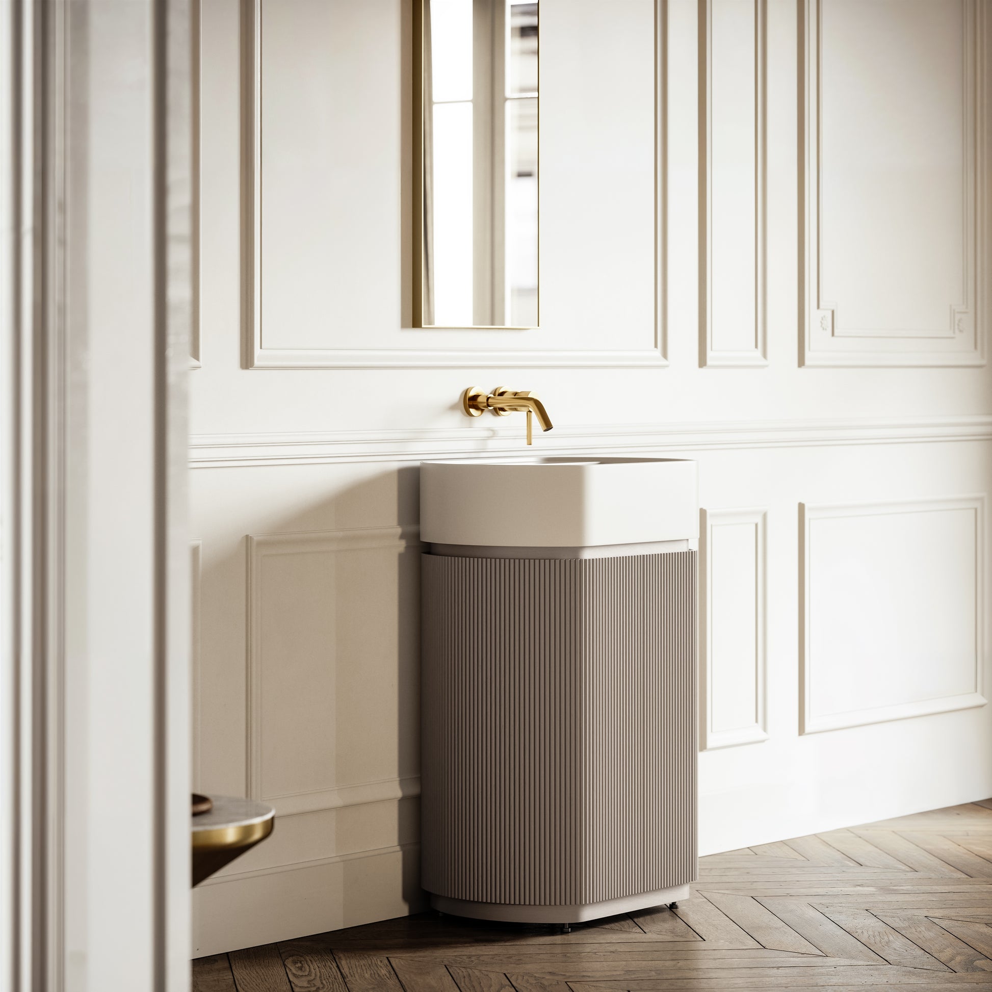 Chic Velvet Beige Wood Grain Cylinder Vanity Unit 600mm