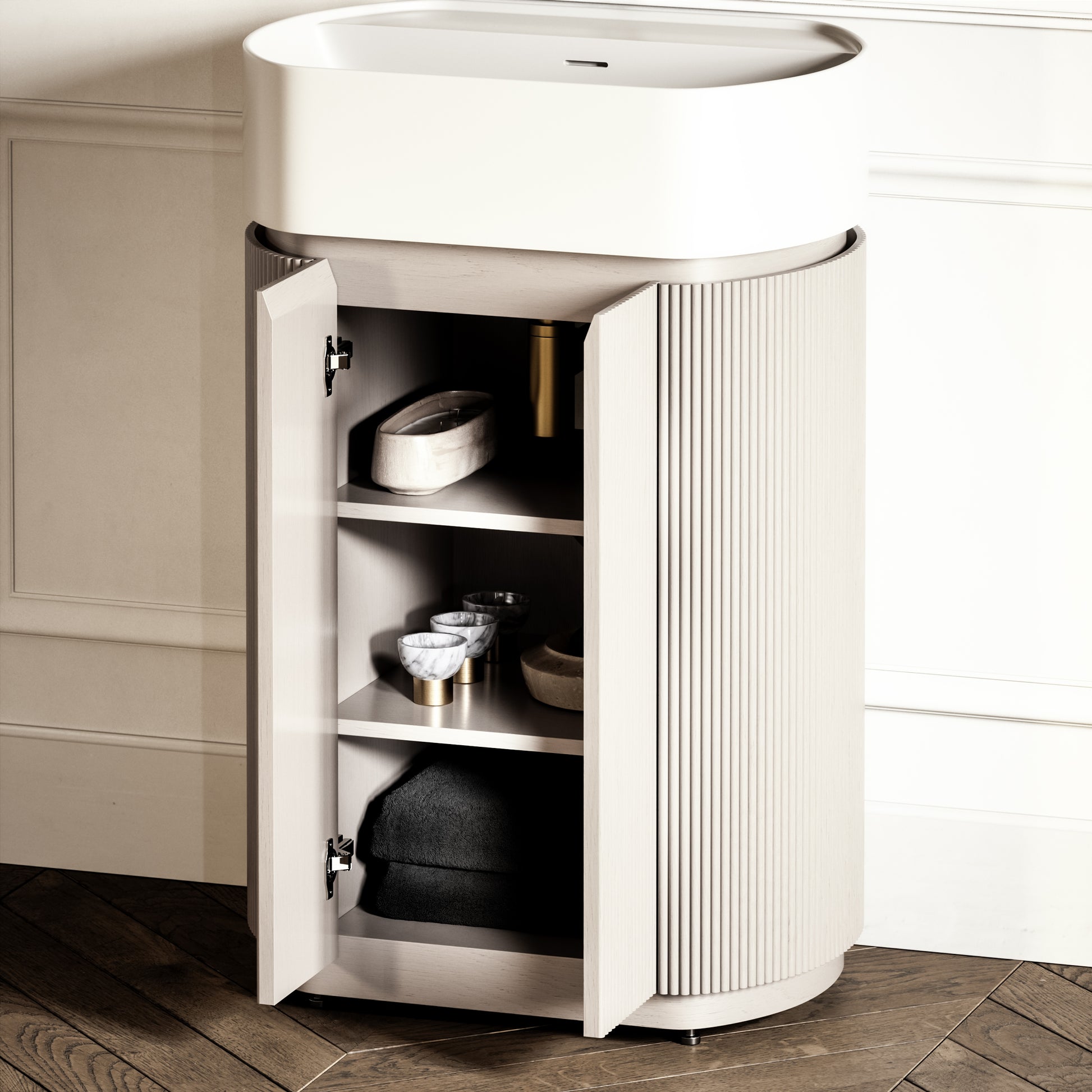 Chic Velvet Beige Wood Grain Cylinder Vanity Unit 600mm