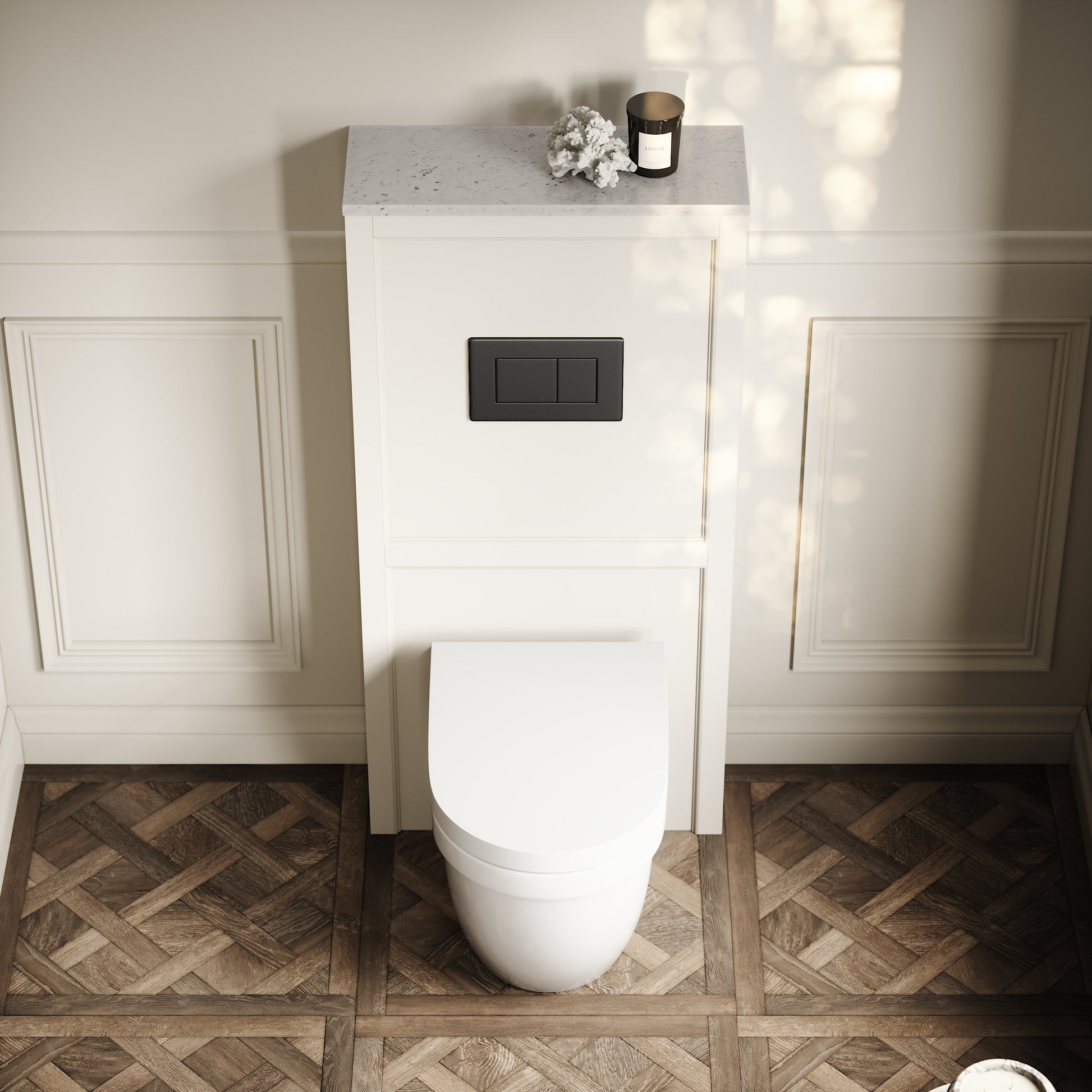 Berkeley Traditional Back to Wall Rimless Toilet with Concealed Cistern, Matte Cream Claridge Housing and Gunmetal Flush Plate