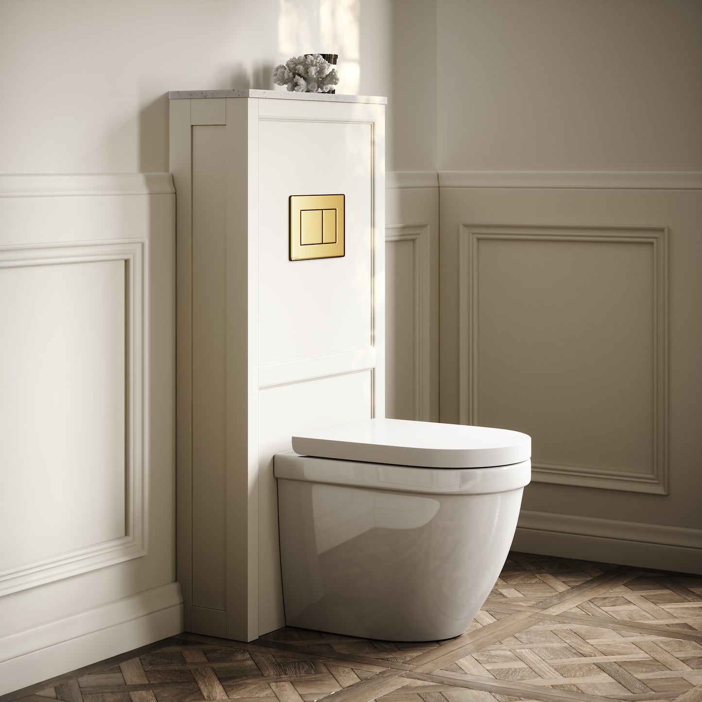 Berkeley Traditional Back to Wall Rimless Toilet with Concealed Cistern, Matte Cream Claridge Housing and Brushed Gold Flush Plate