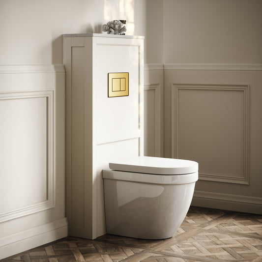 Berkeley Traditional Back to Wall Rimless Toilet with Concealed Cistern, Velvet Cream Claridge Housing and Brushed Gold Flush Plate