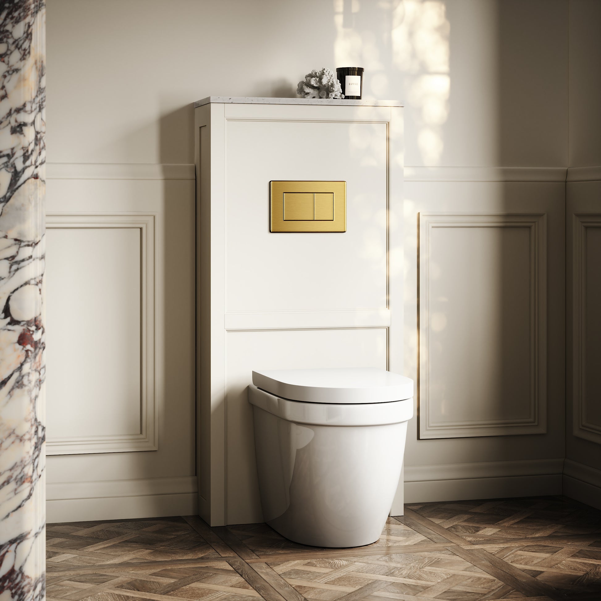 Berkeley Traditional Back to Wall Rimless Toilet with Concealed Cistern, Matte Cream Claridge Housing and Brushed Gold Flush Plate