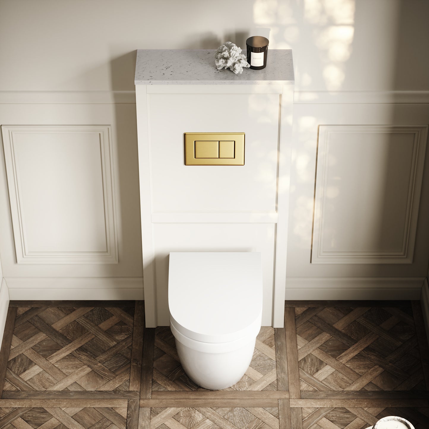 Berkeley Traditional Back to Wall Rimless Toilet with Concealed Cistern, Matte Cream Claridge Housing and Brushed Gold Flush Plate