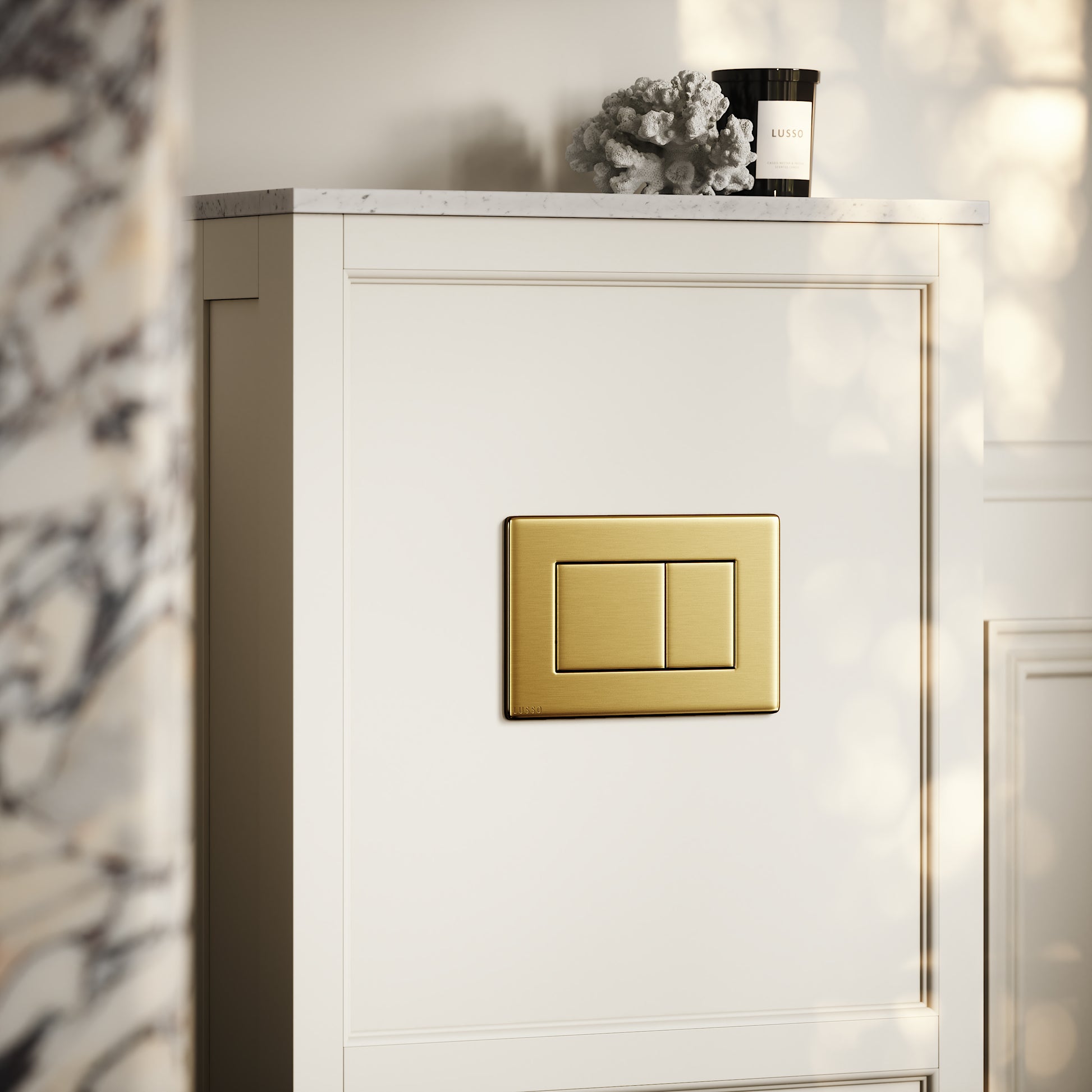Berkeley Traditional Back to Wall Rimless Toilet with Concealed Cistern, Matte Cream Claridge Housing and Brushed Gold Flush Plate
