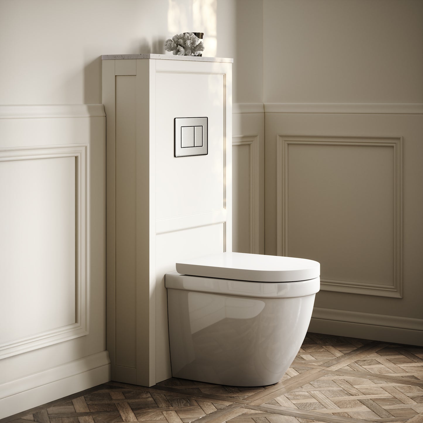 Berkeley Traditional Back to Wall Rimless Toilet with Concealed Cistern, Matte Cream Claridge Housing and Brushed Stainless Flush Plate