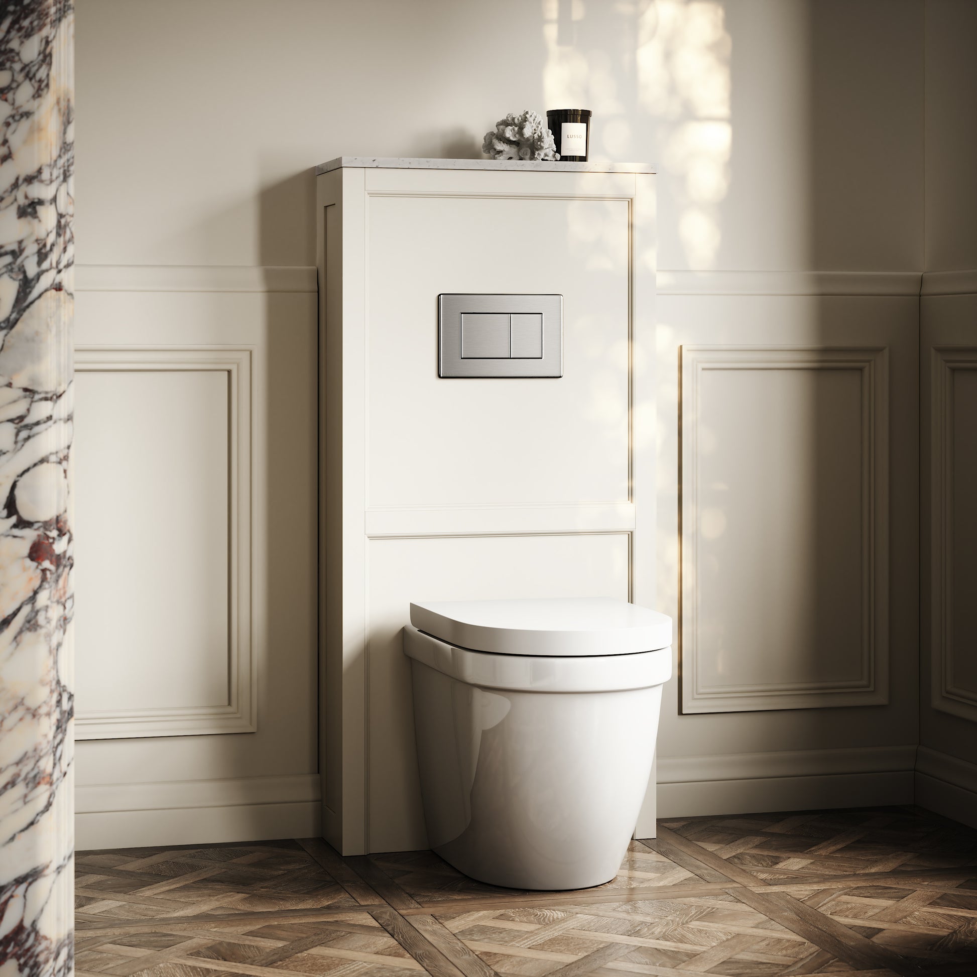 Berkeley Traditional Back to Wall Rimless Toilet with Concealed Cistern, Matte Cream Claridge Housing and Brushed Stainless Flush Plate