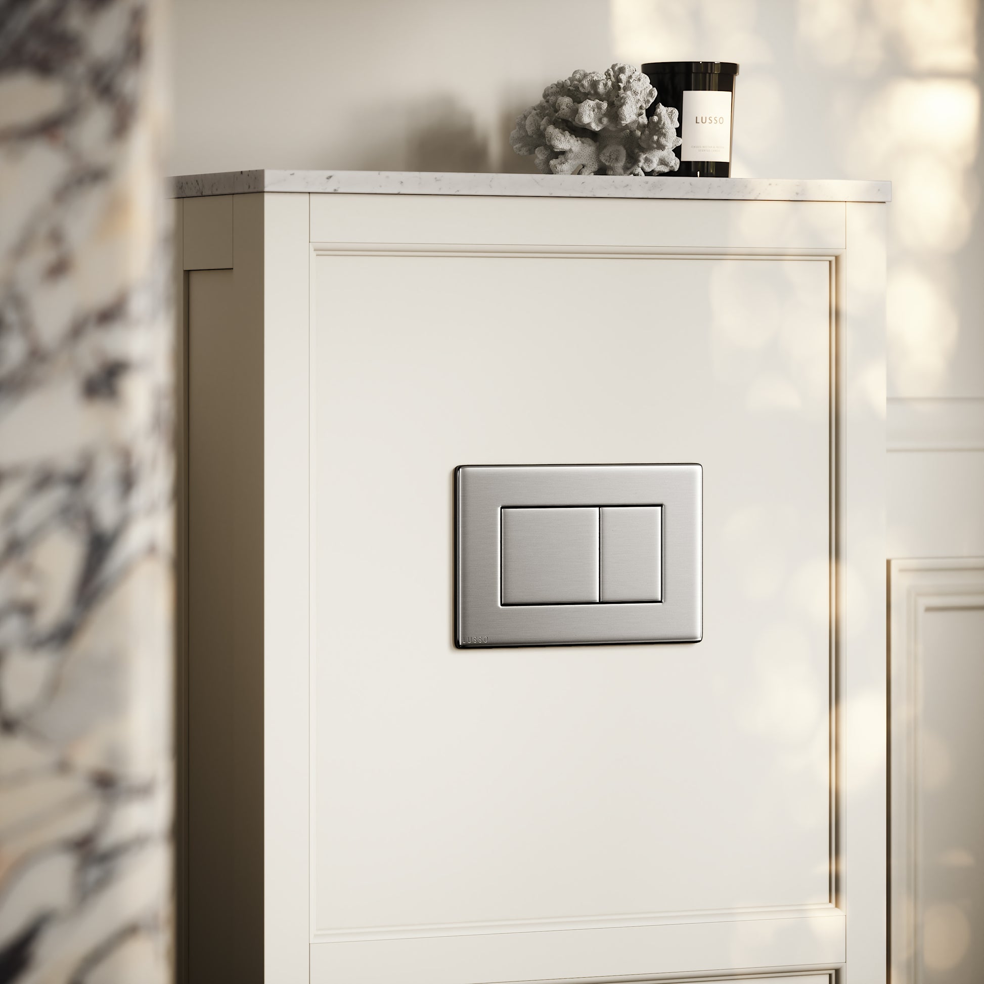 Berkeley Traditional Back to Wall Rimless Toilet with Concealed Cistern, Matte Cream Claridge Housing and Brushed Stainless Flush Plate