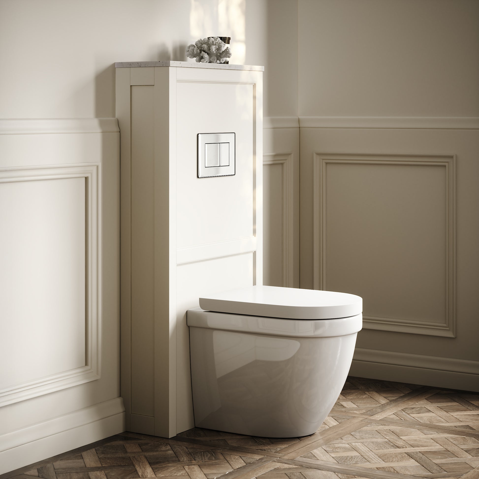 Berkeley Traditional Back to Wall Rimless Toilet with Concealed Cistern, Matte Cream Claridge Housing and Chrome Flush Plate