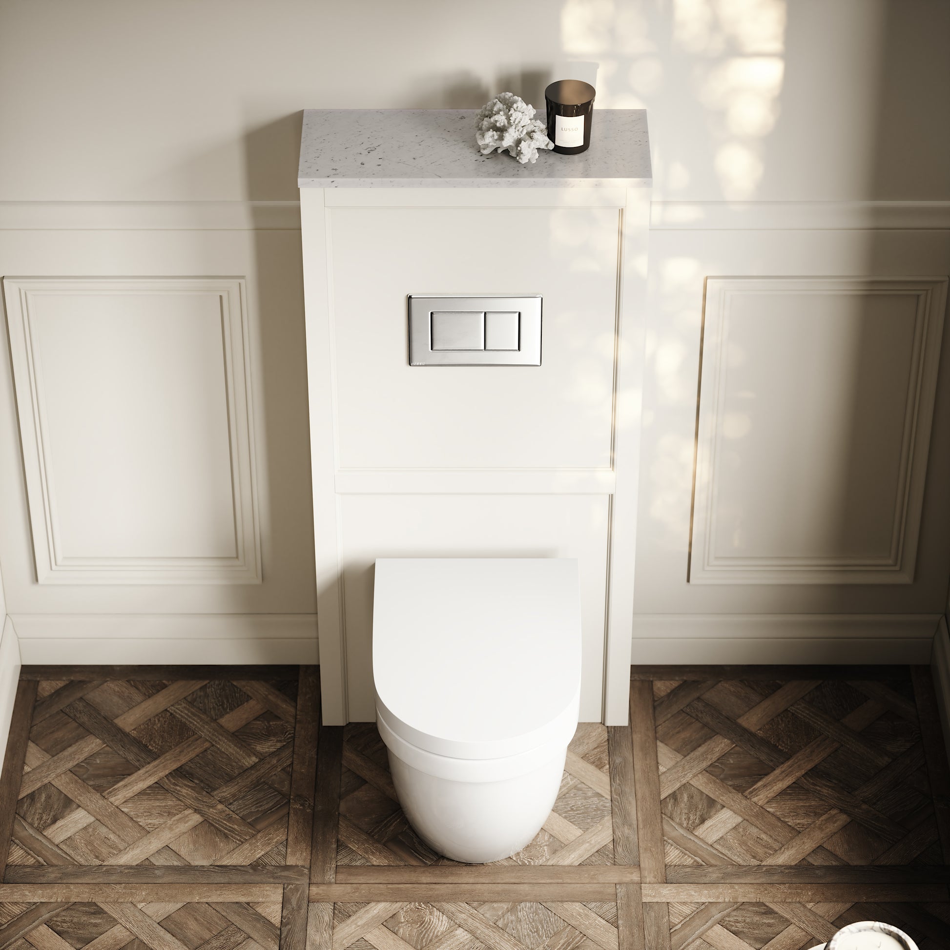 Berkeley Traditional Back to Wall Rimless Toilet with Concealed Cistern, Matte Cream Claridge Housing and Chrome Flush Plate