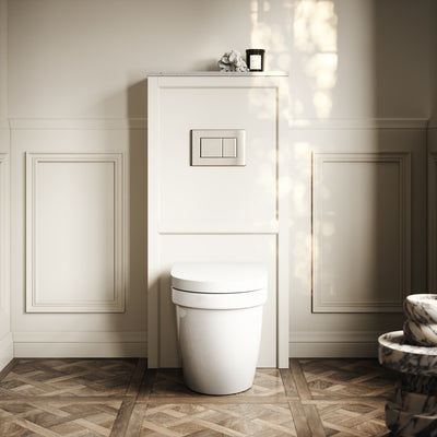 Berkeley Traditional Back to Wall Rimless Toilet with Concealed Cistern, Matte Cream Claridge Housing and Polished Nickel Flush Plate