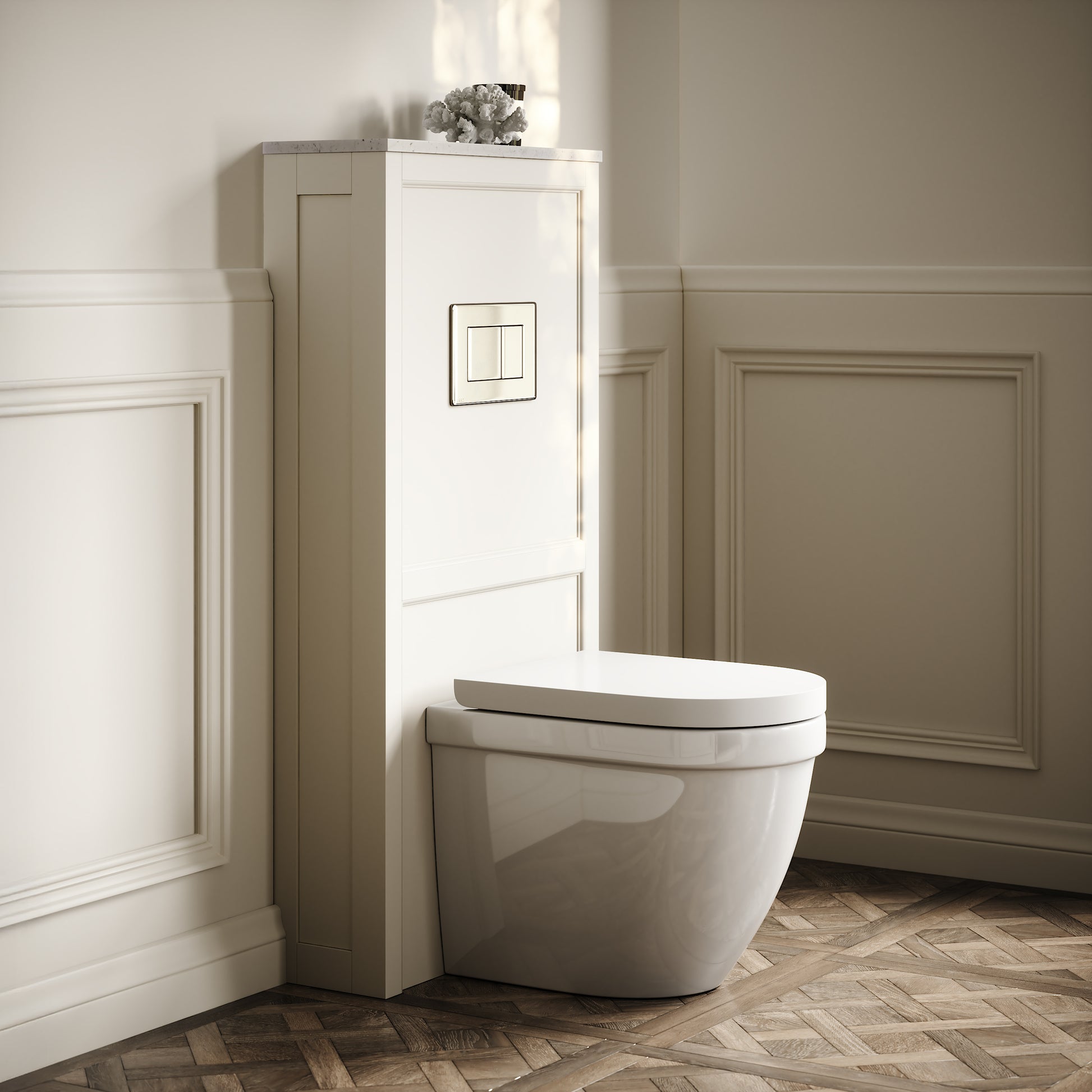 Berkeley Traditional Back to Wall Rimless Toilet with Concealed Cistern, Matte Cream Claridge Housing and Polished Nickel Flush Plate