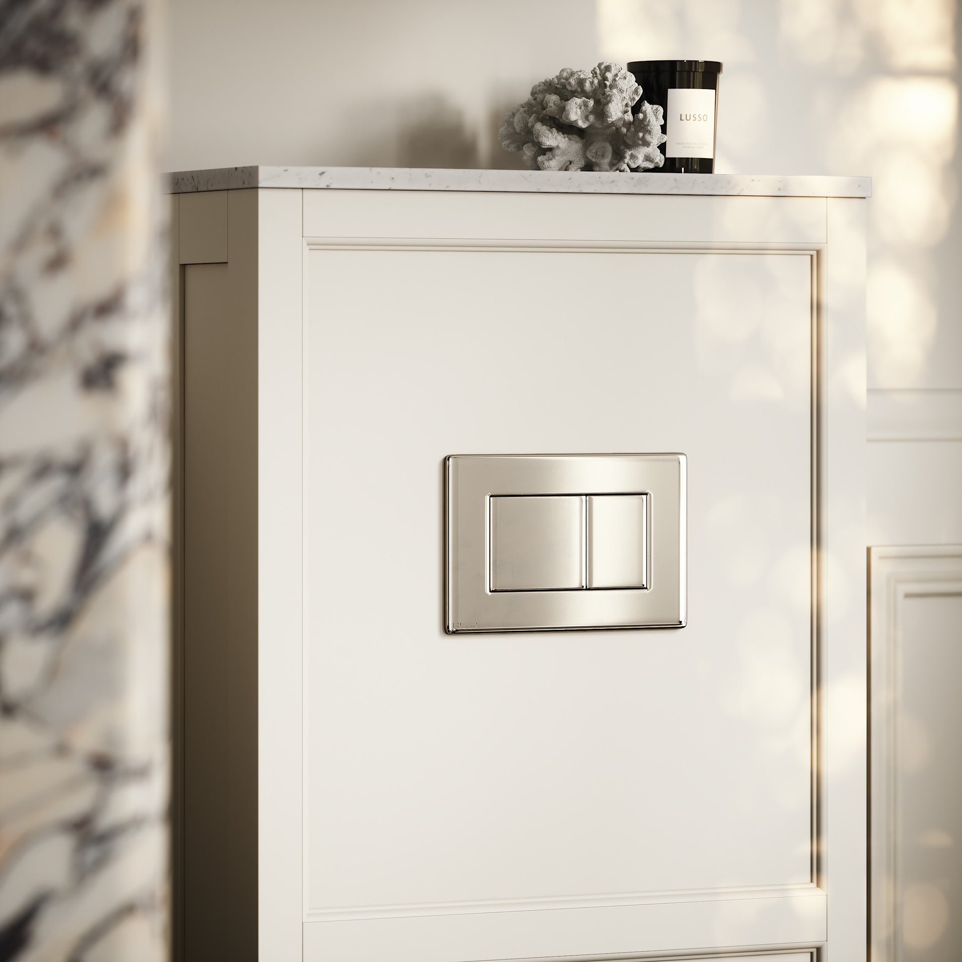 Berkeley Traditional Back to Wall Rimless Toilet with Concealed Cistern, Matte Cream Claridge Housing and Polished Nickel Flush Plate