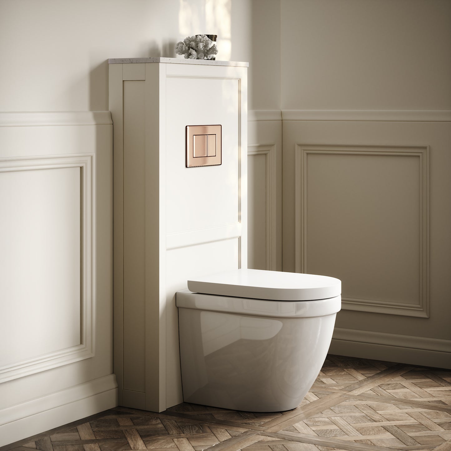 Berkeley Traditional Back to Wall Rimless Toilet with Concealed Cistern, Matte Cream Claridge Housing and Rose Gold Flush Plate