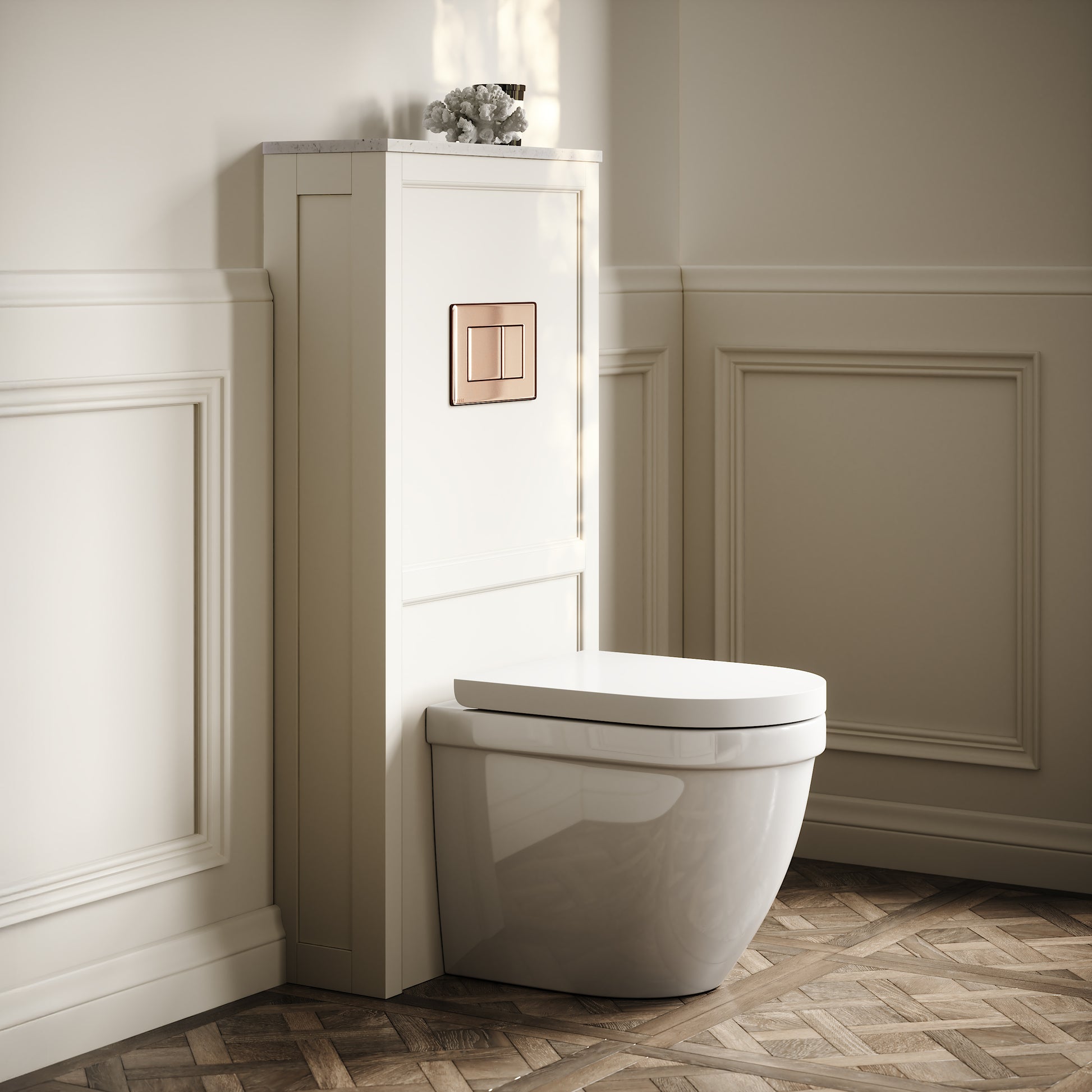 Berkeley Traditional Back to Wall Rimless Toilet with Concealed Cistern, Matte Cream Claridge Housing and Rose Gold Flush Plate