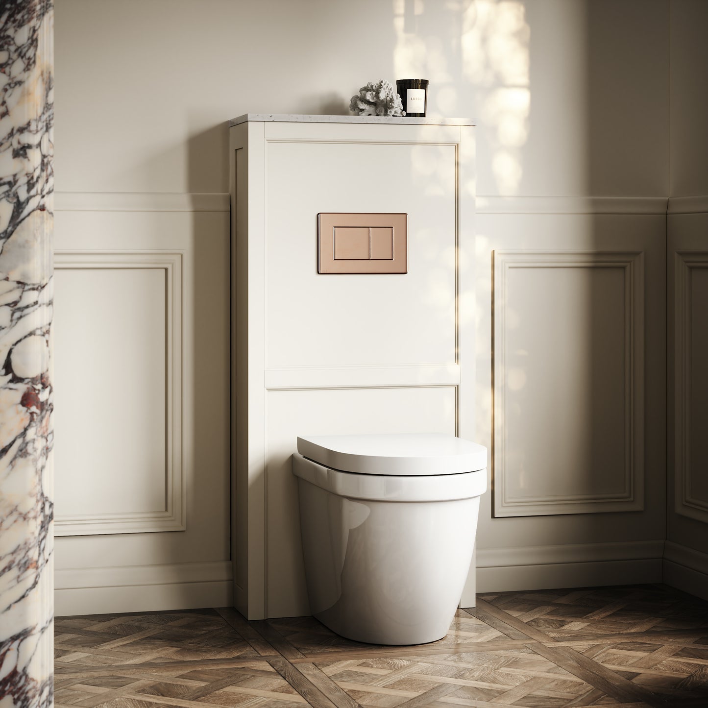 Berkeley Traditional Back to Wall Rimless Toilet with Concealed Cistern, Matte Cream Claridge Housing and Rose Gold Flush Plate