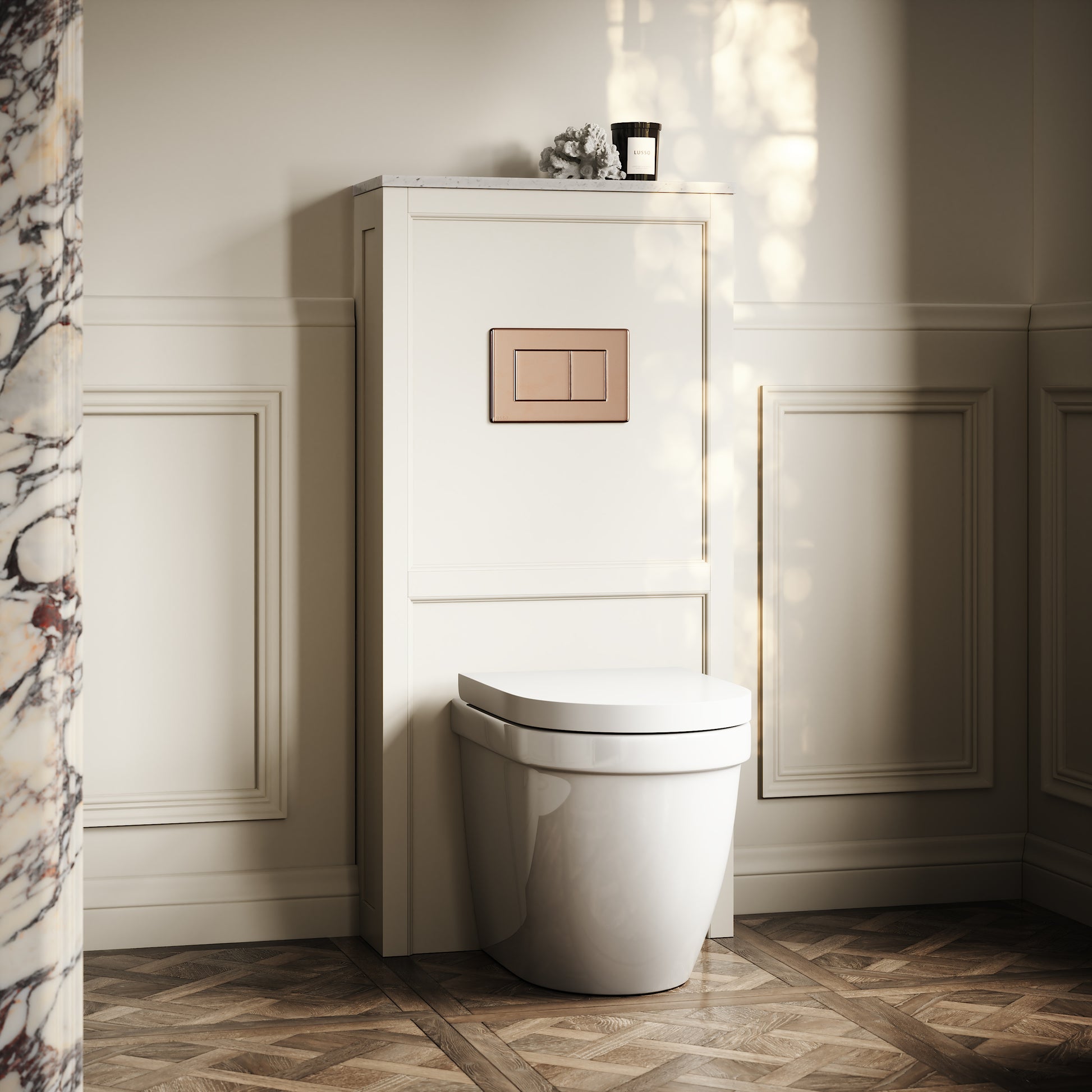 Berkeley Traditional Back to Wall Rimless Toilet with Concealed Cistern, Matte Cream Claridge Housing and Rose Gold Flush Plate