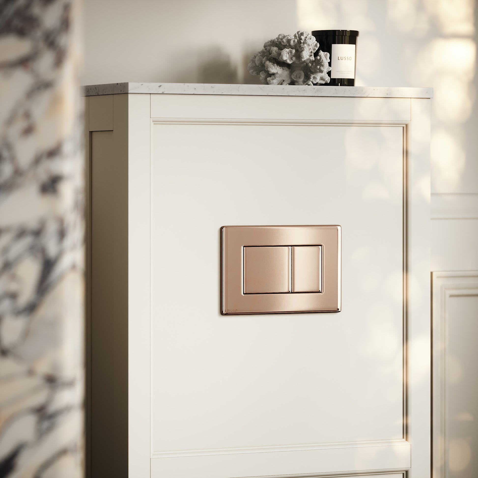 Berkeley Traditional Back to Wall Rimless Toilet with Concealed Cistern, Matte Cream Claridge Housing and Rose Gold Flush Plate