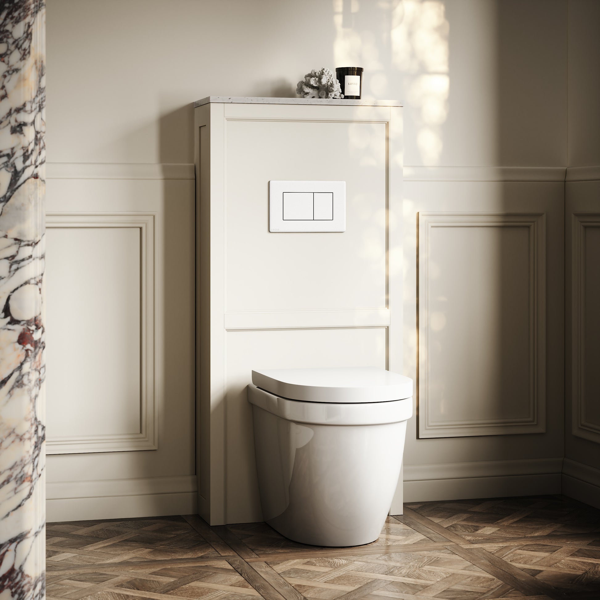 Berkeley Traditional Back to Wall Rimless Toilet with Concealed Cistern, Matte Cream Claridge Housing and Matte White Flush Plate