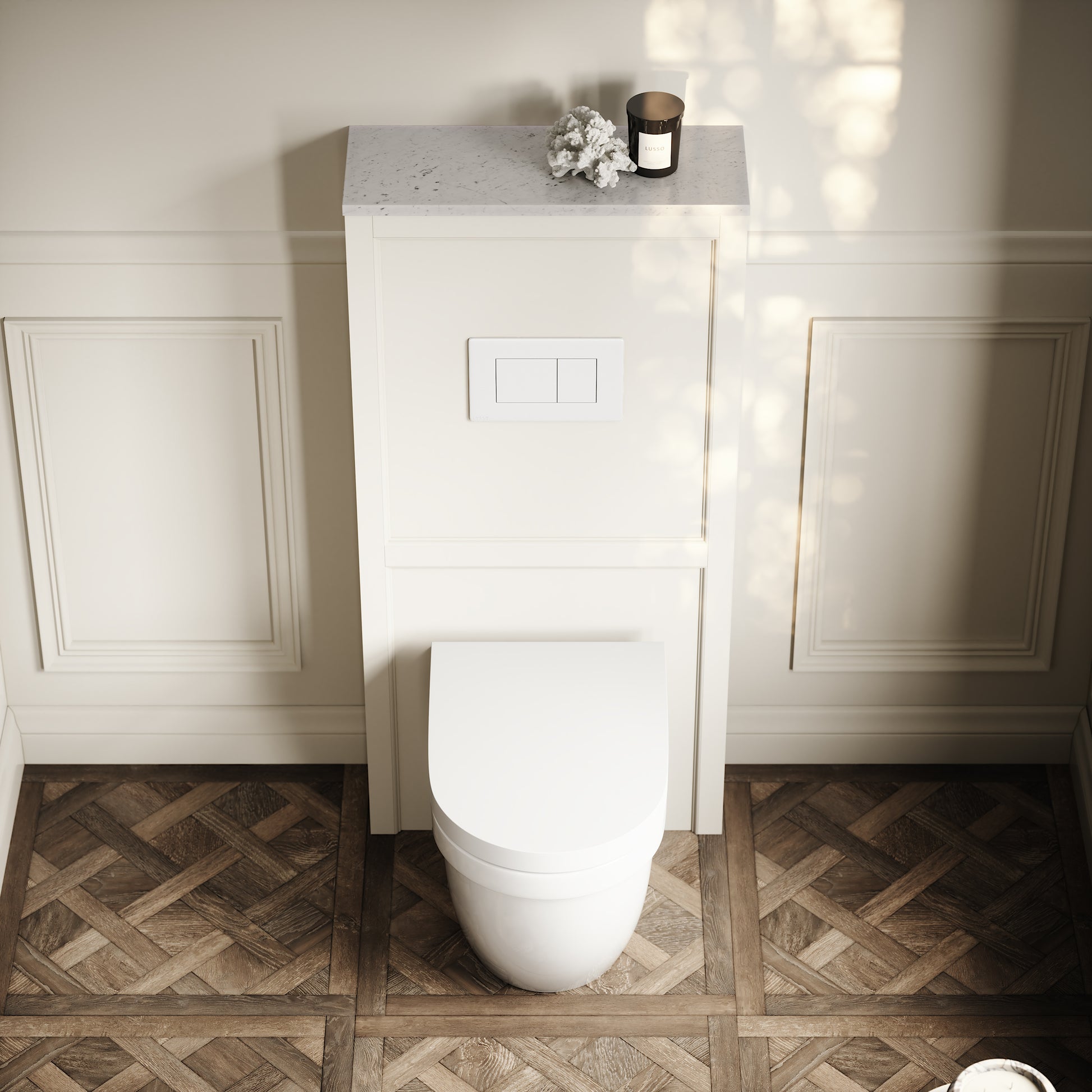Berkeley Traditional Back to Wall Rimless Toilet with Concealed Cistern, Matte Cream Claridge Housing and Matte White Flush Plate