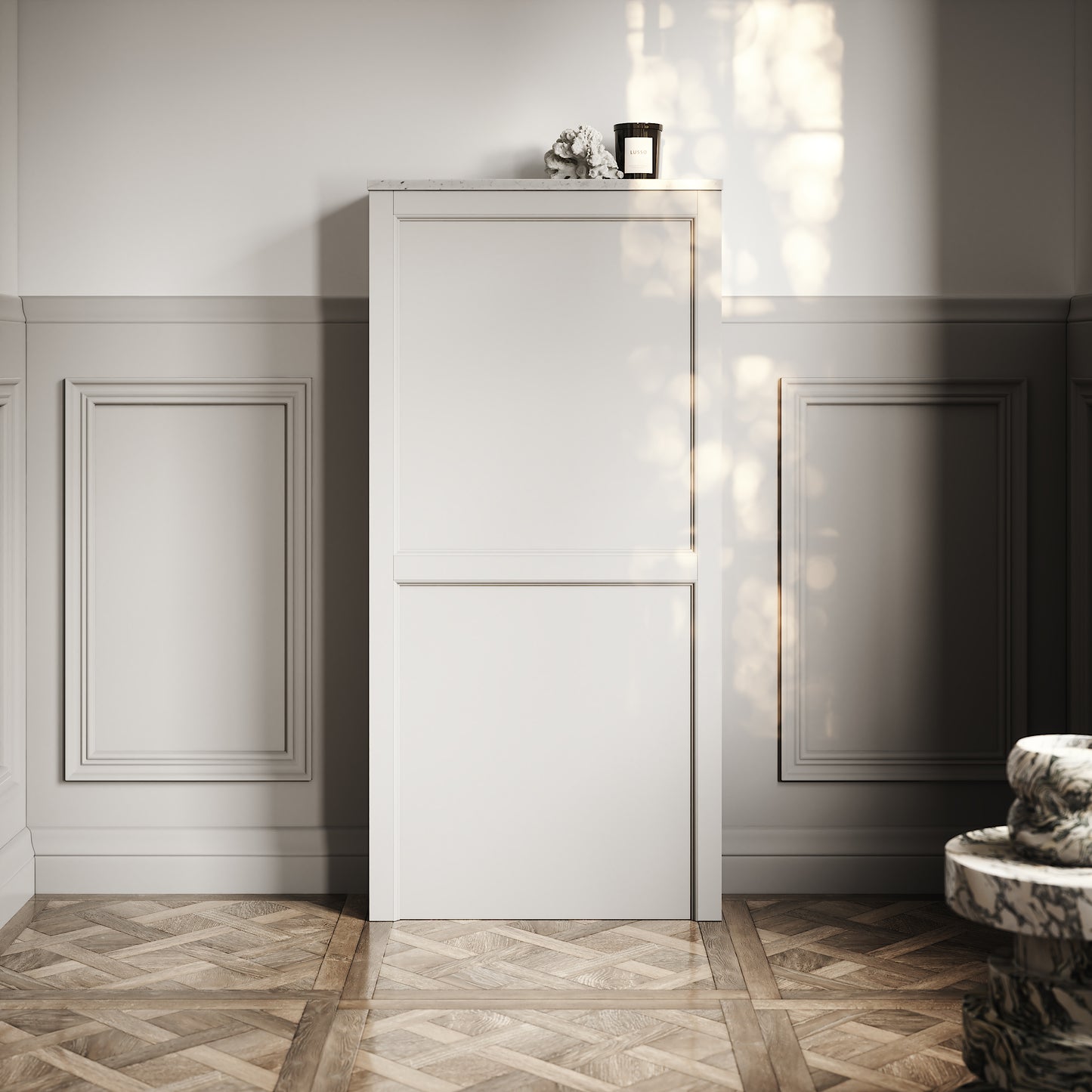 Berkeley Traditional Back to Wall Rimless Toilet with Concealed Cistern, Matte Stone Claridge Housing and Chrome Flush Plate