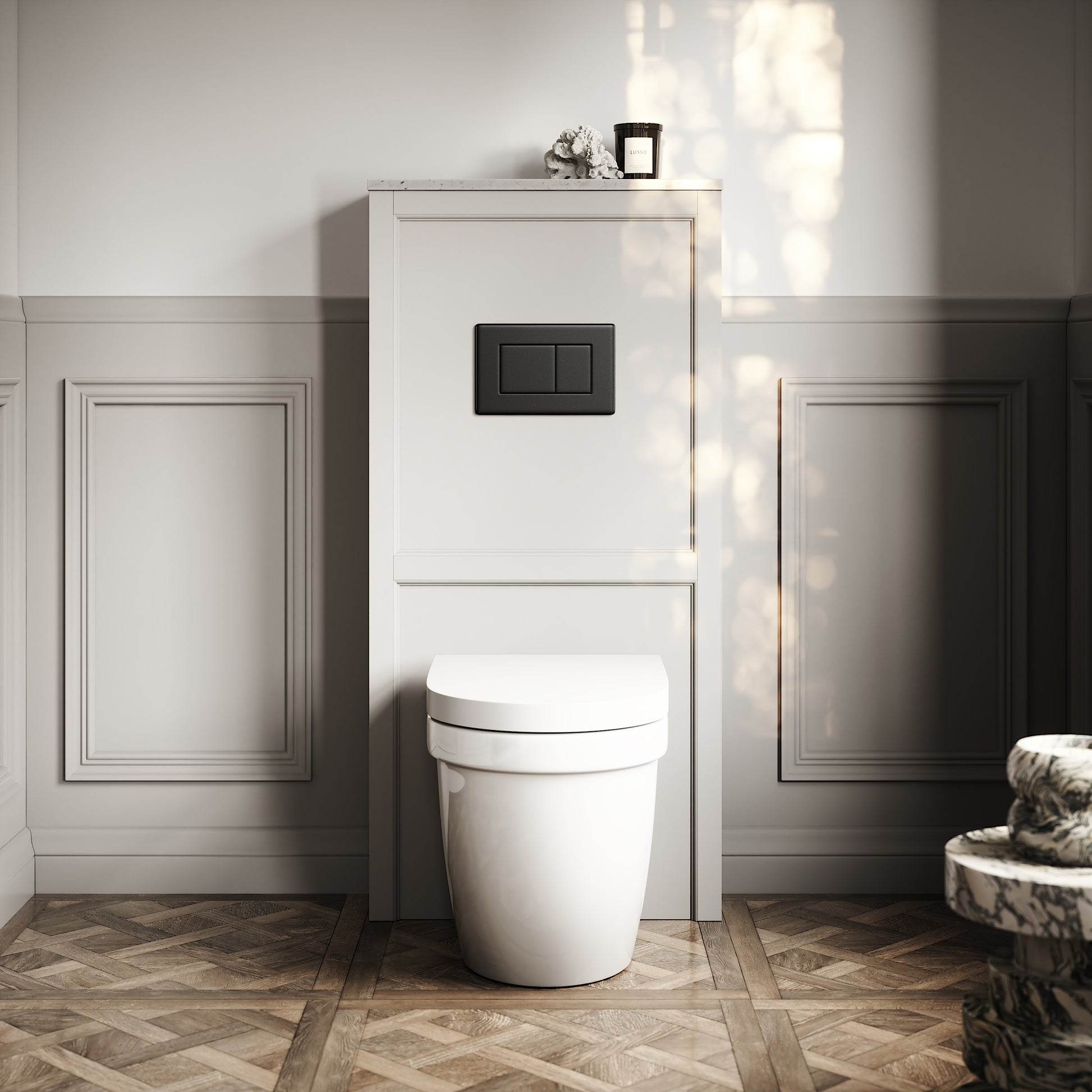 Berkeley Traditional Back to Wall Rimless Toilet with Concealed Cistern, Matte Stone Claridge Housing and Matte Black Flush Plate
