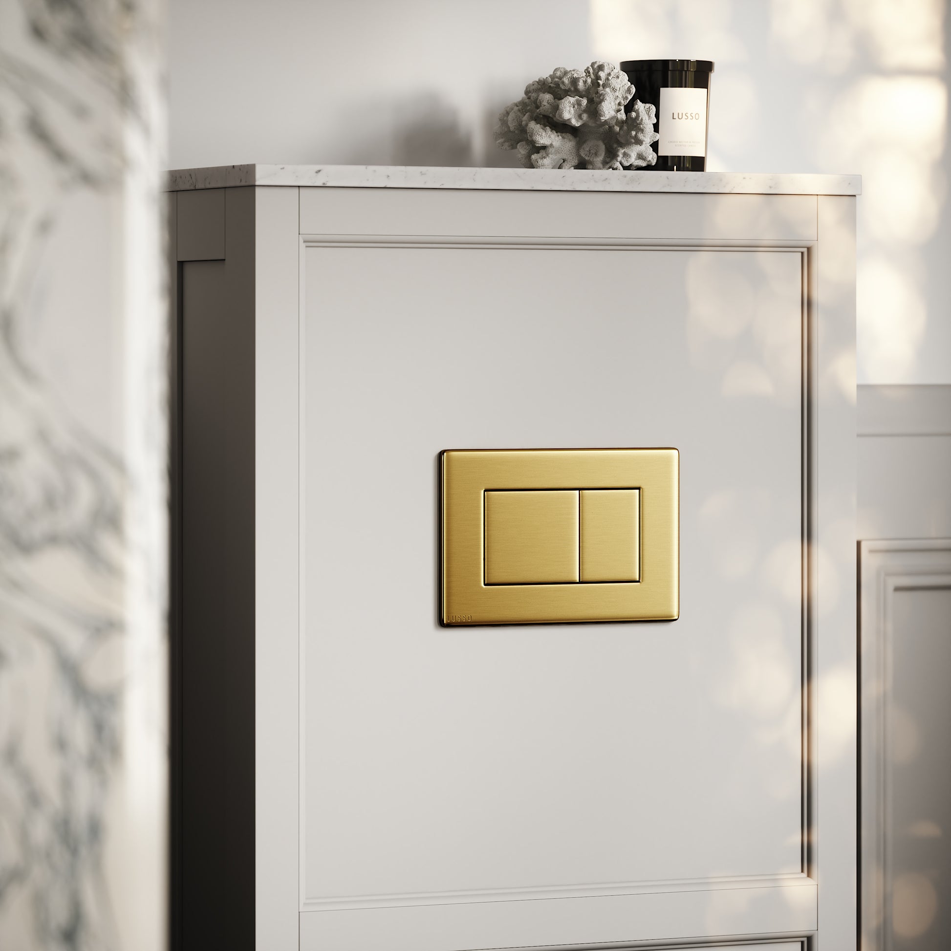 Berkeley Traditional Back to Wall Rimless Toilet with Concealed Cistern, Matte Stone Claridge Housing and Brushed Gold Flush Plate
