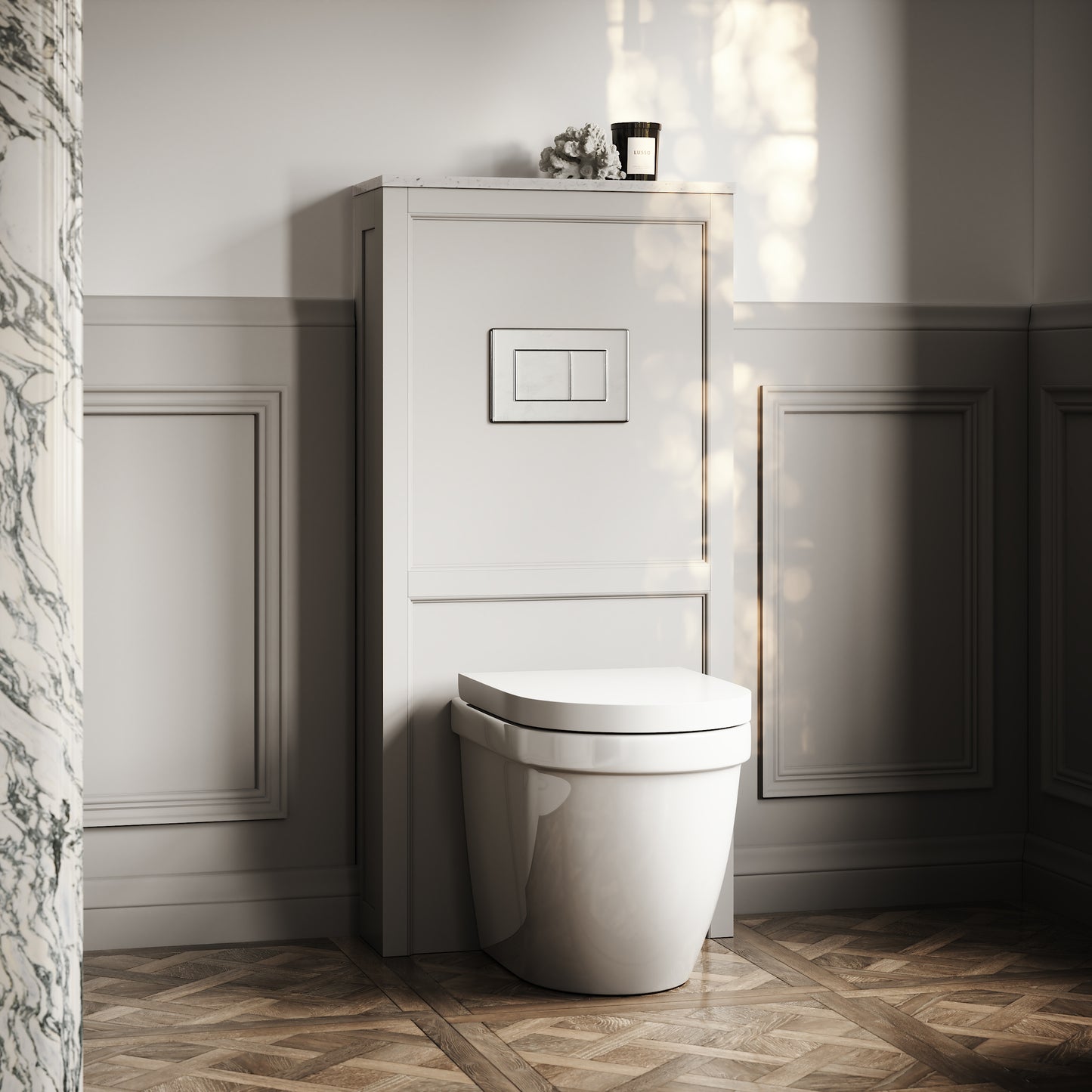Berkeley Traditional Back to Wall Rimless Toilet with Concealed Cistern, Matte Stone Claridge Housing and Chrome Flush Plate
