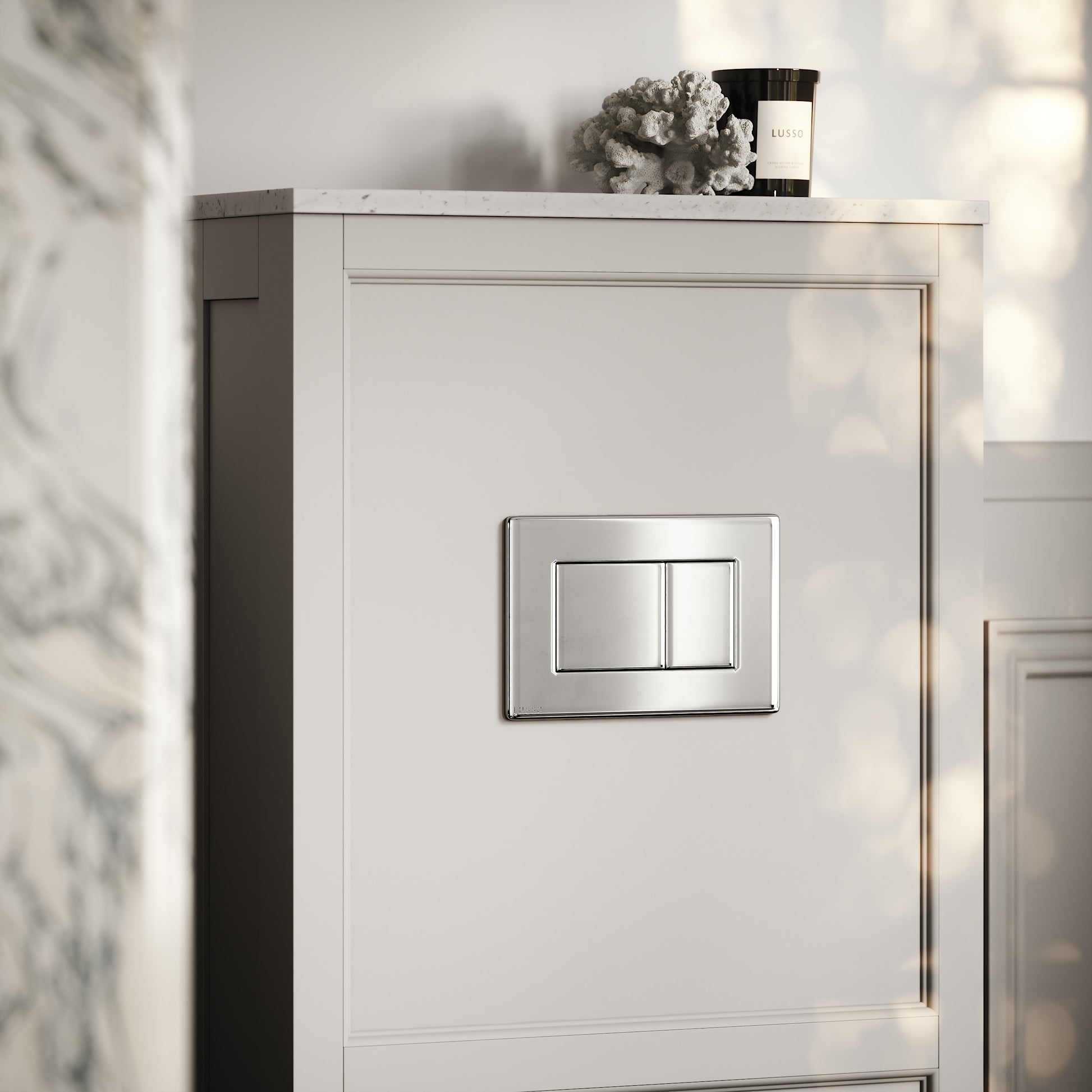 Berkeley Traditional Back to Wall Rimless Toilet with Concealed Cistern, Matte Stone Claridge Housing and Chrome Flush Plate
