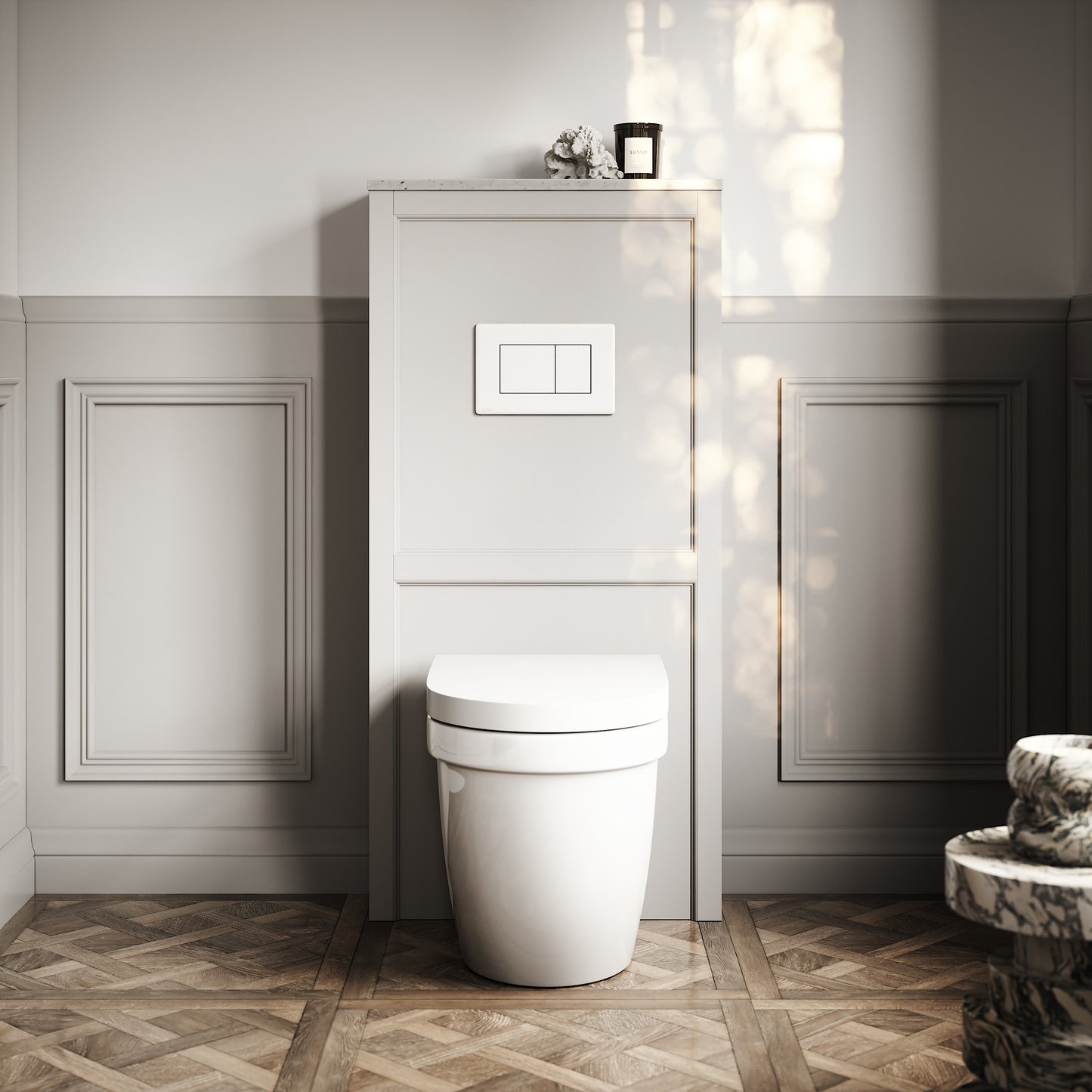 Berkeley Traditional Back to Wall Rimless Toilet with Concealed Cistern, Matte Stone Claridge Housing and Matte White Flush Plate