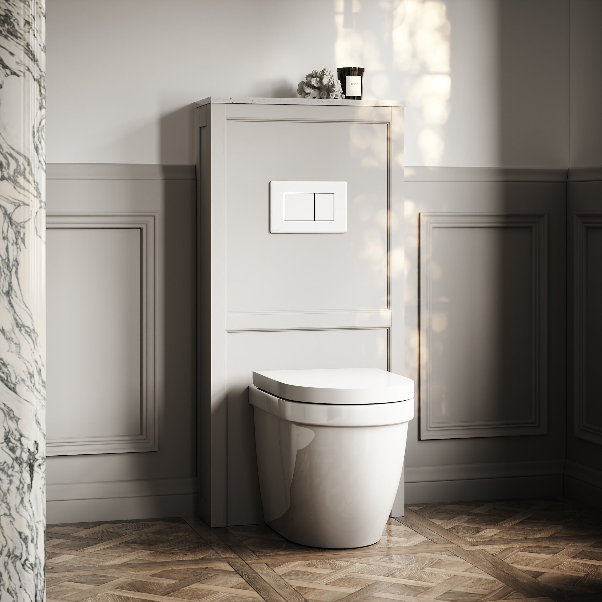 Berkeley Traditional Back to Wall Rimless Toilet with Concealed Cistern, Matte Stone Claridge Housing and Matte White Flush Plate