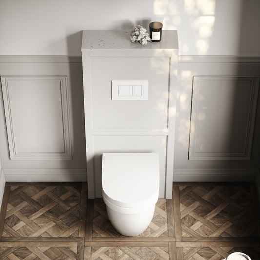 Berkeley Traditional Back to Wall Rimless Toilet with Concealed Cistern, Velvet Stone Claridge Housing and Matte White Flush Plate