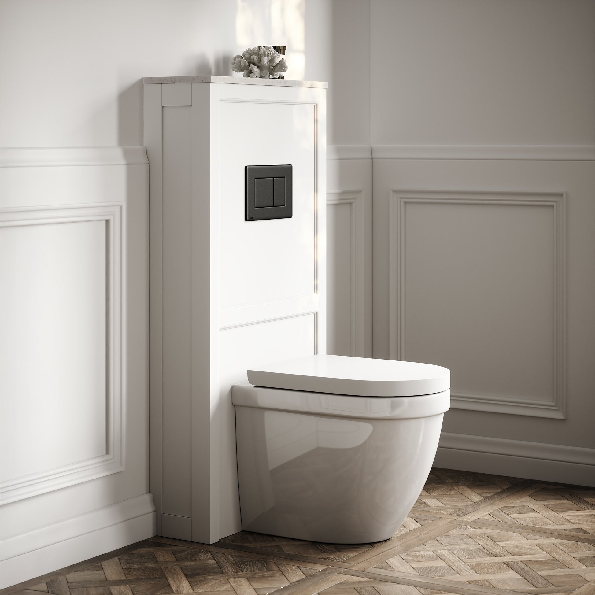 Berkeley Traditional Back to Wall Rimless Toilet with Concealed Cistern, Matte White Claridge Housing and Matte Black Flush Plate