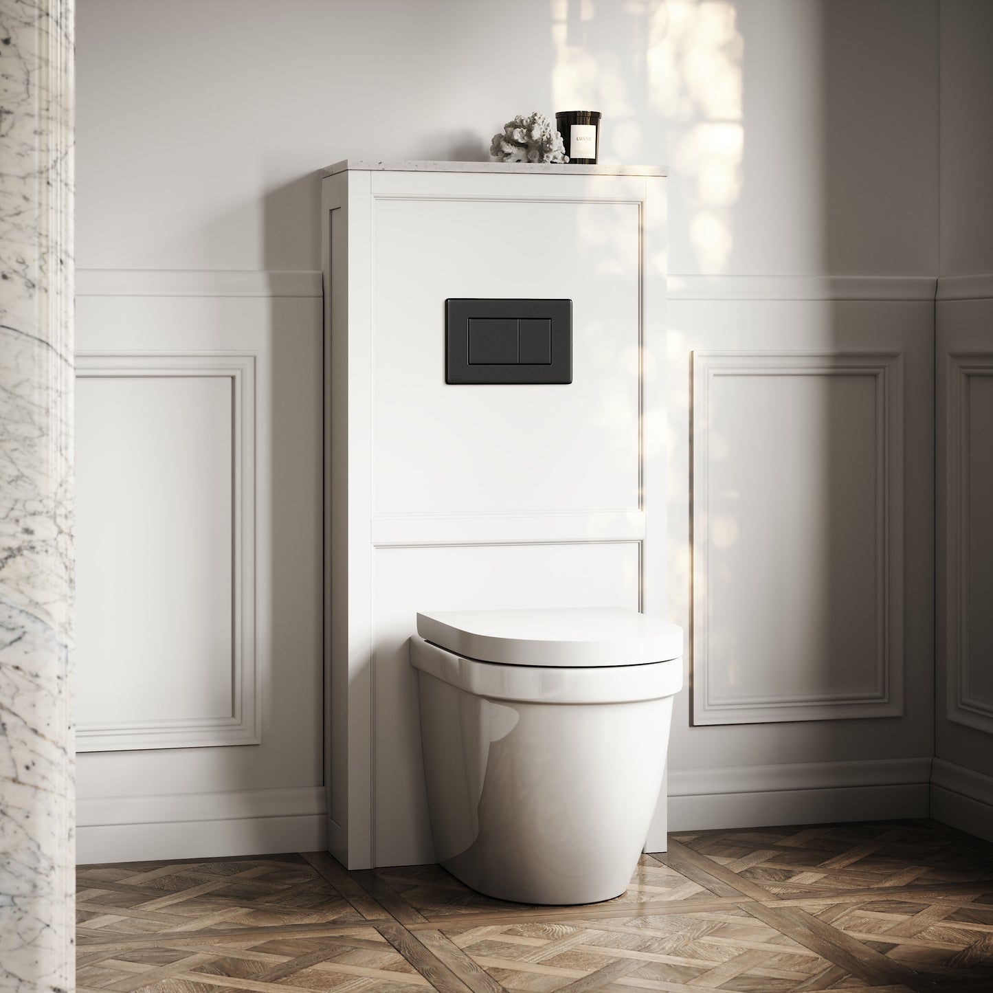 Berkeley Traditional Back to Wall Rimless Toilet with Concealed Cistern, Matte White Claridge Housing and Matte Black Flush Plate