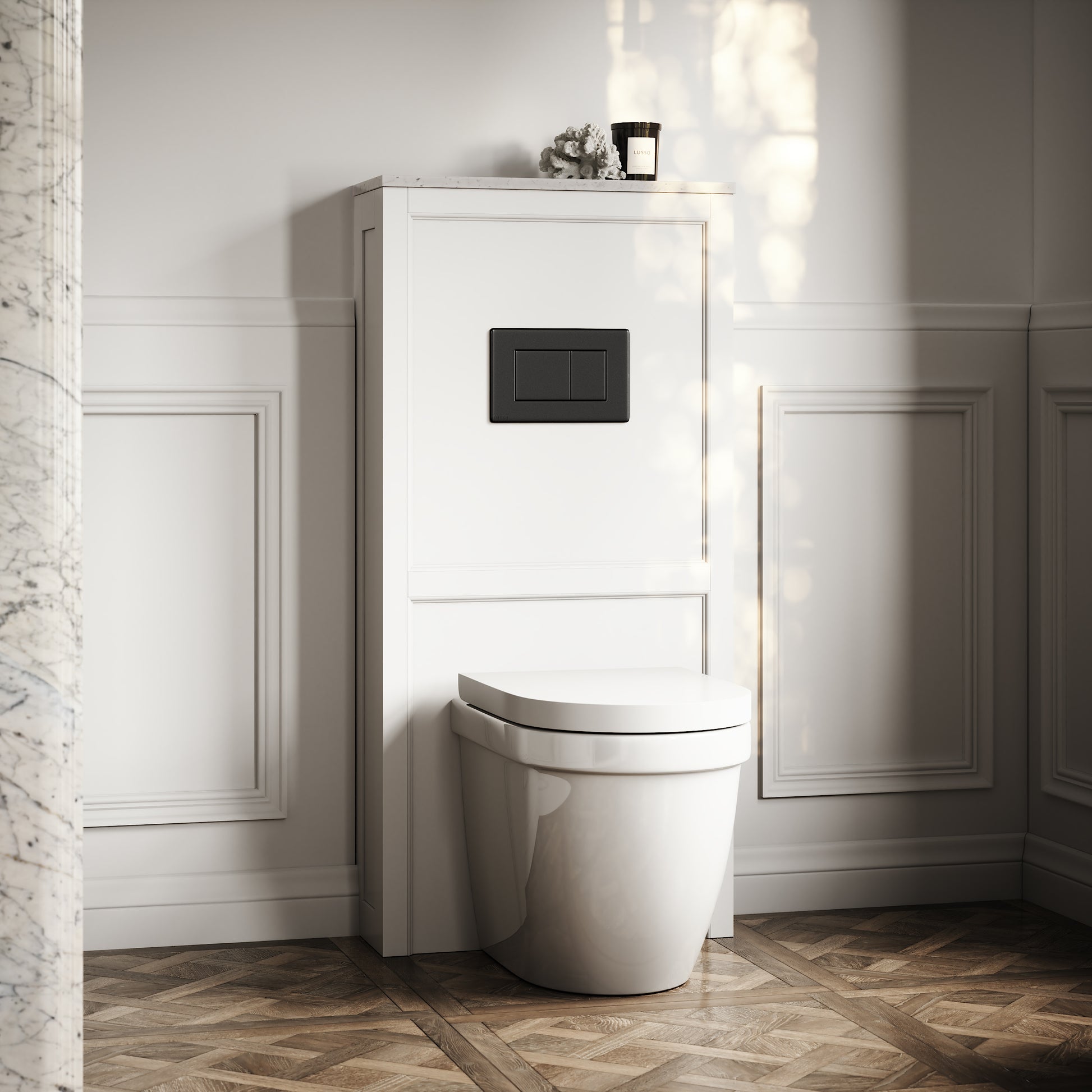 Berkeley Traditional Back to Wall Rimless Toilet with Concealed Cistern, Matte White Claridge Housing and Matte Black Flush Plate