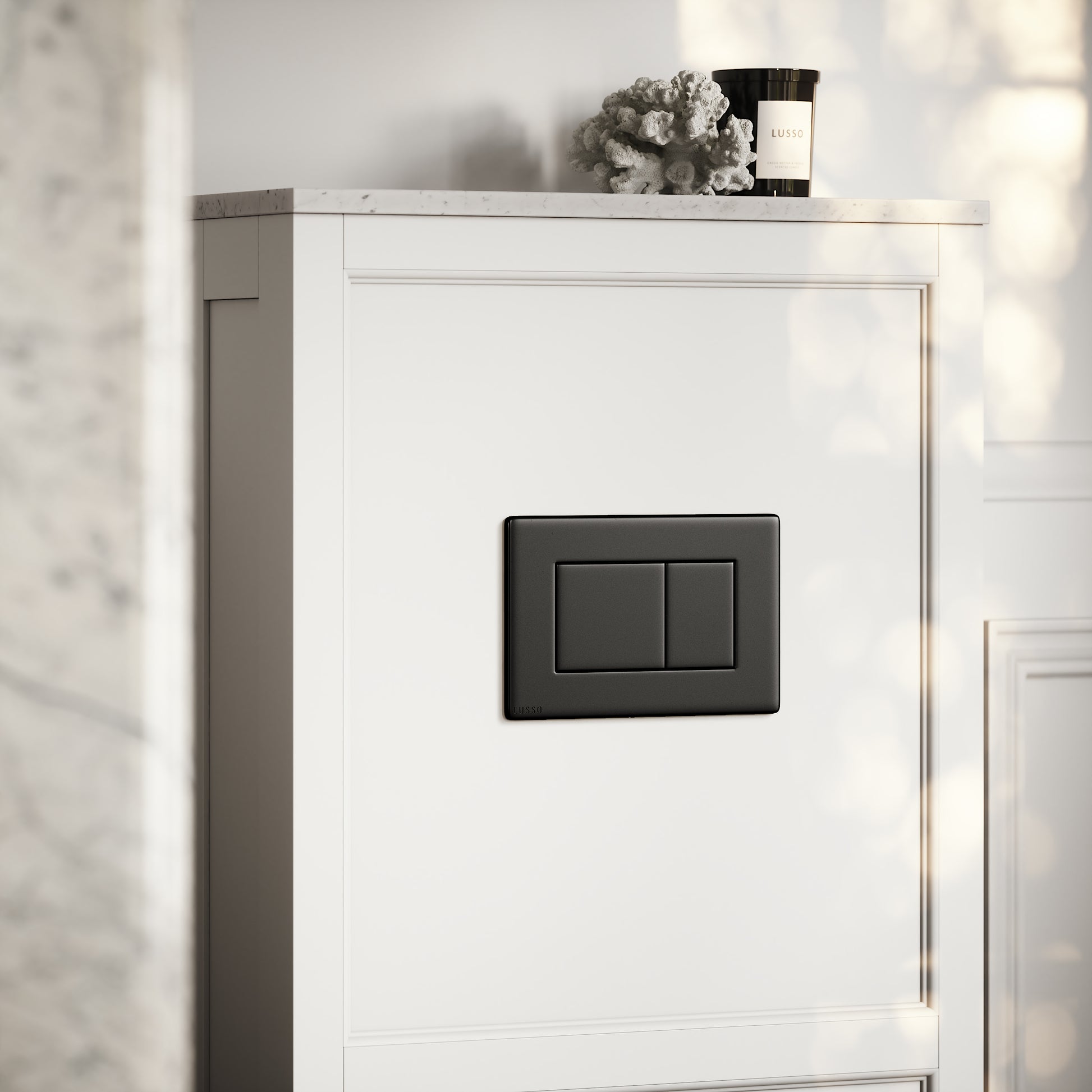 Berkeley Traditional Back to Wall Rimless Toilet with Concealed Cistern, Matte White Claridge Housing and Matte Black Flush Plate
