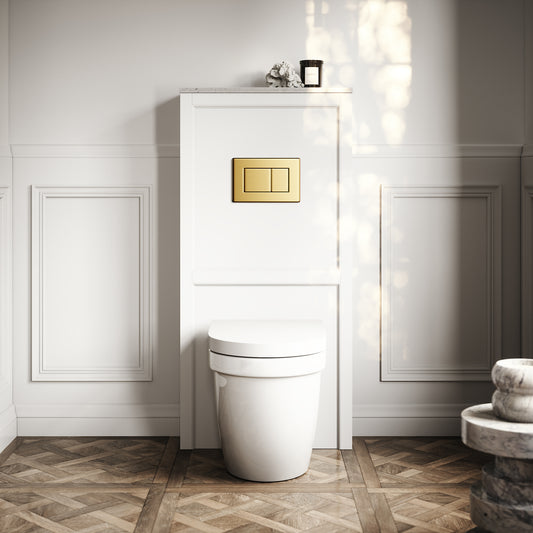 Berkeley Traditional Back to Wall Rimless Toilet with Concealed Cistern, Matte White Claridge Housing and Brushed Gold Flush Plate